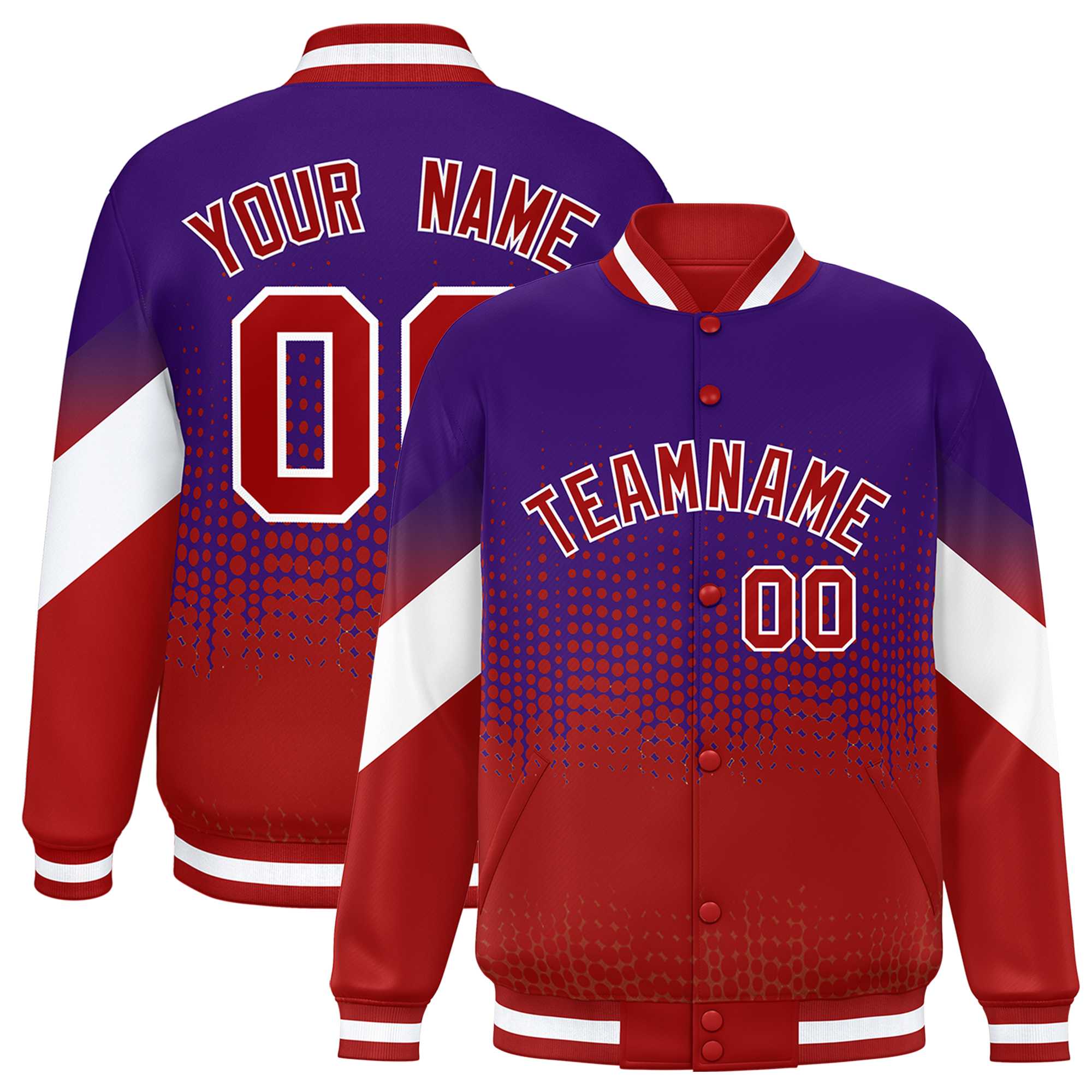 Custom Purple Red Gradient Varsity Full-Snap Polka Dot Pattern Letterman Baseball Jacket