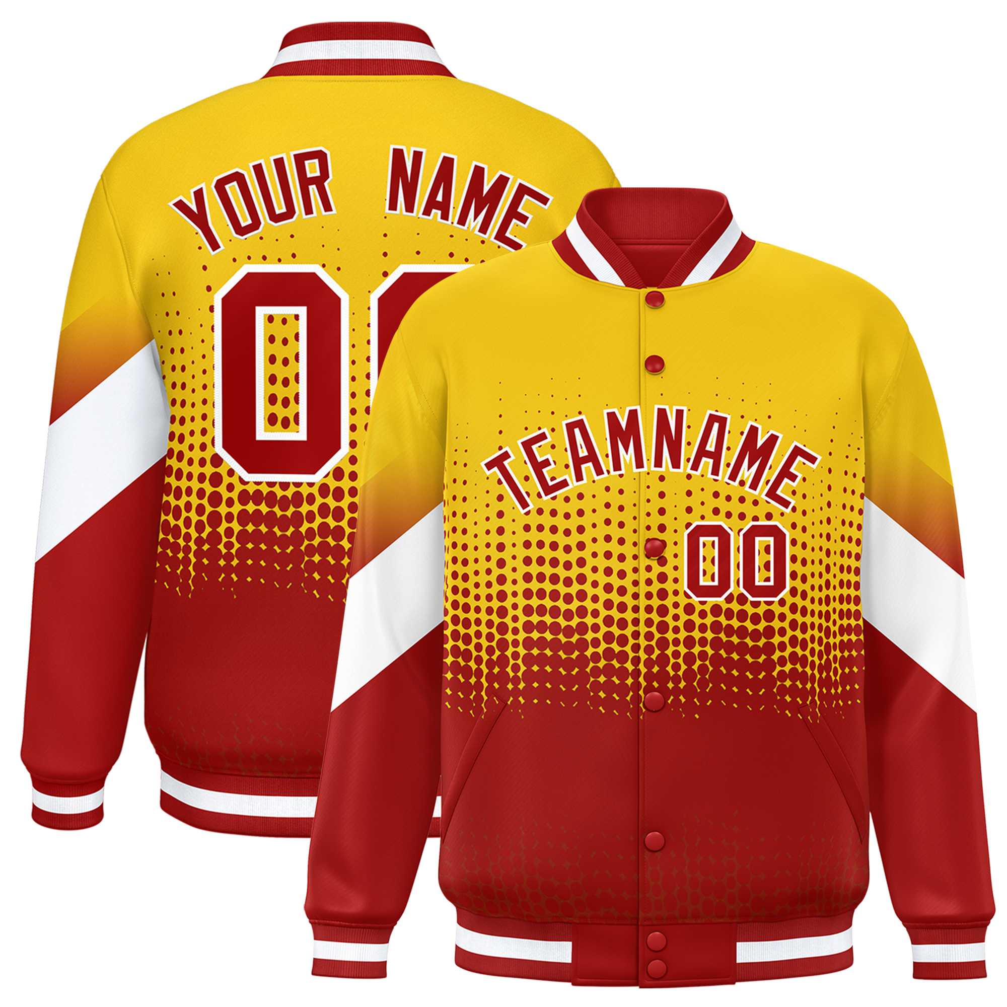 Custom Gold Red Gradient Varsity Full-Snap Polka Dot Pattern Letterman Baseball Jacket