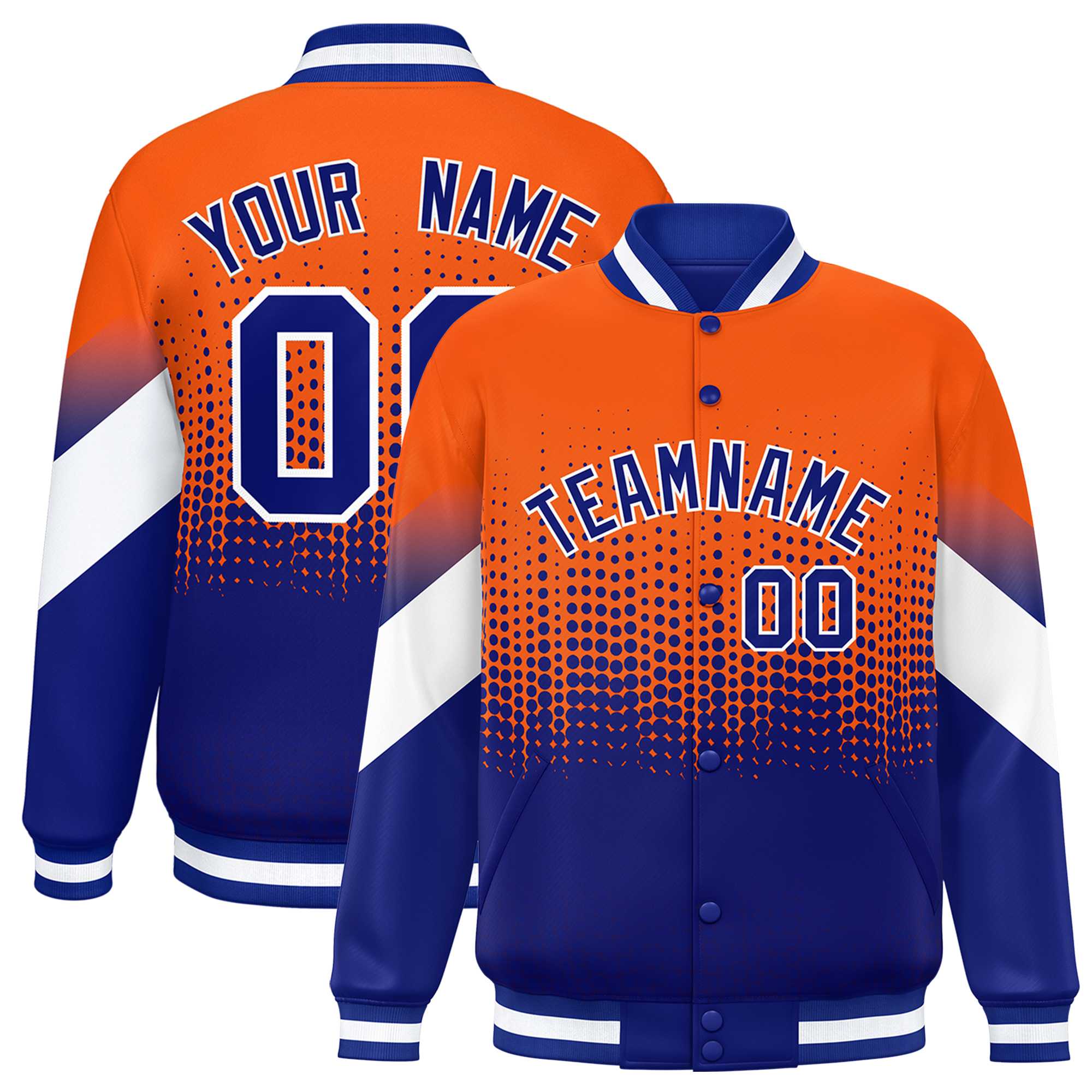 Custom Orange Royal Gradient Varsity Full-Snap Polka Dot Pattern Letterman Baseball Jacket