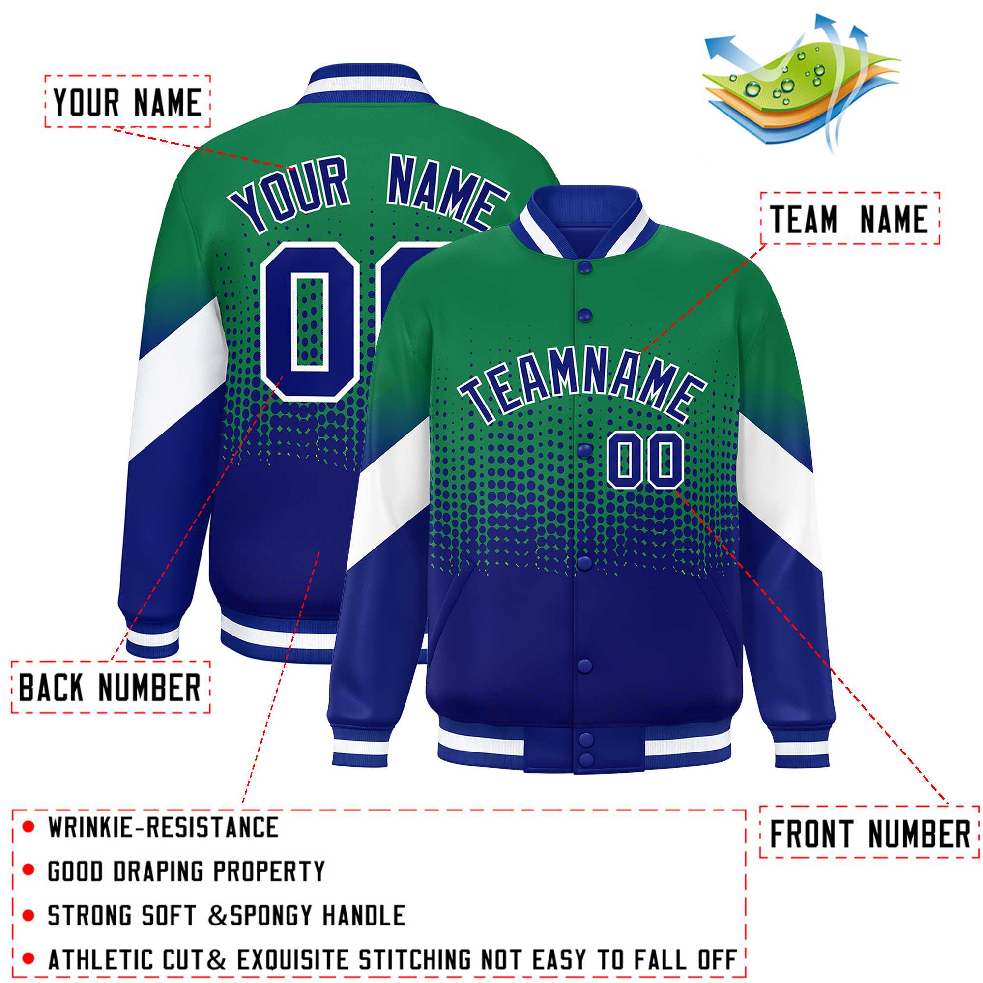 Custom Kelly Green Royal Gradient Varsity Full-Snap Polka Dot Pattern Letterman Baseball Jacket