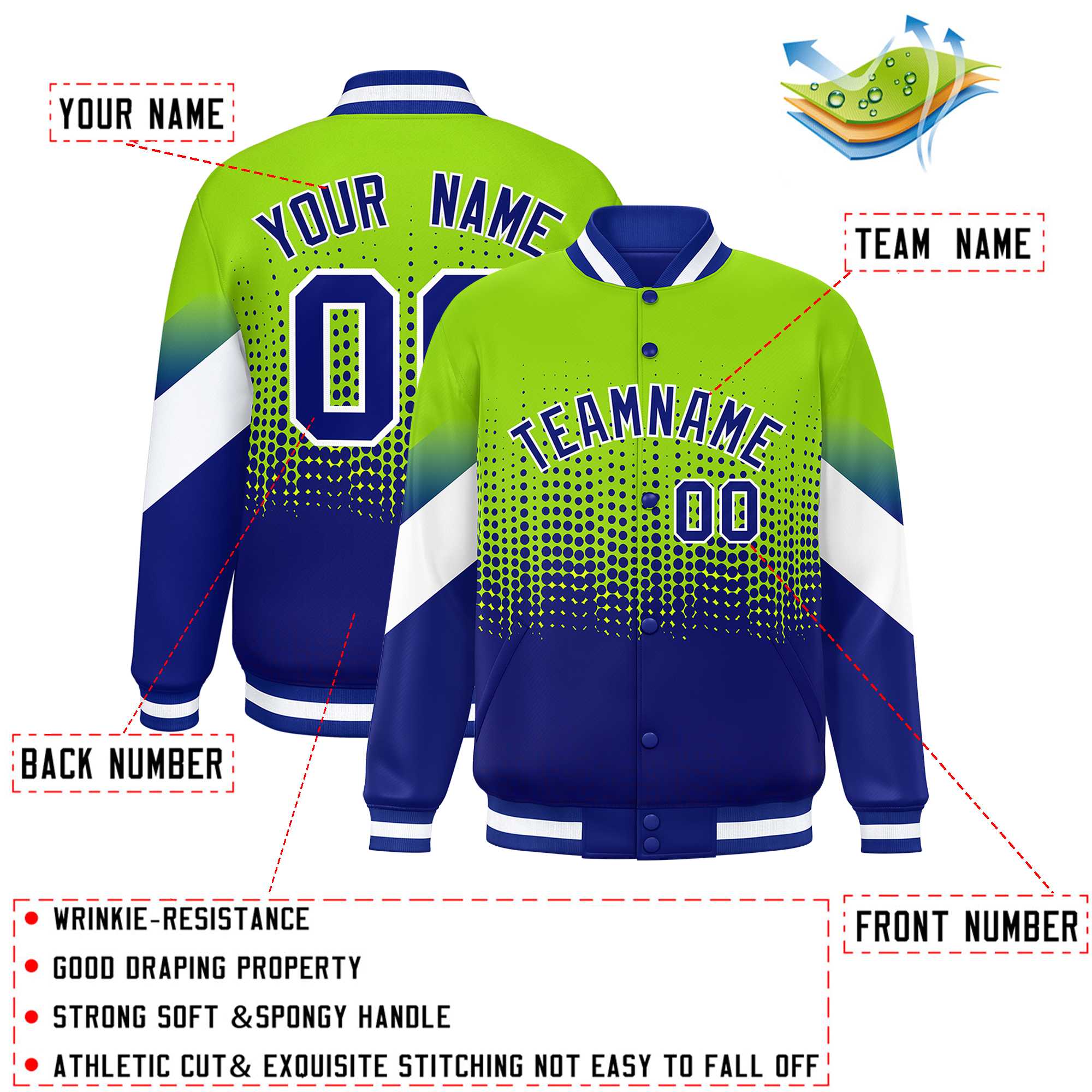 Custom Neon Green Royal Gradient Varsity Full-Snap Polka Dot Pattern Letterman Baseball Jacket