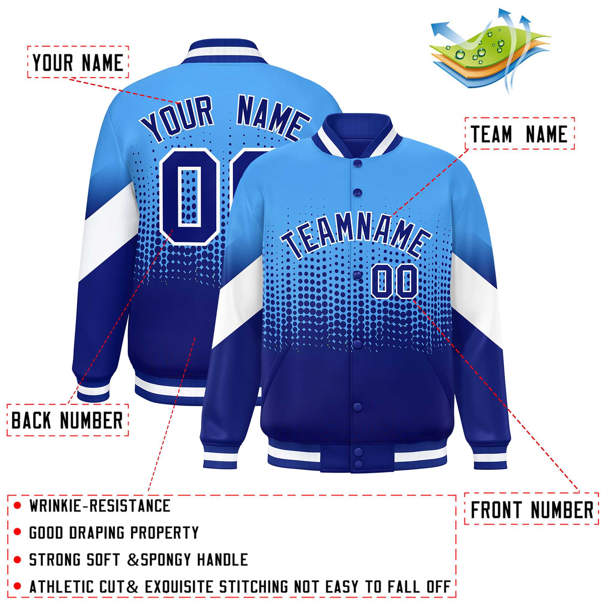 Custom Powder Blue Royal Gradient Varsity Full-Snap Polka Dot Pattern Letterman Baseball Jacket