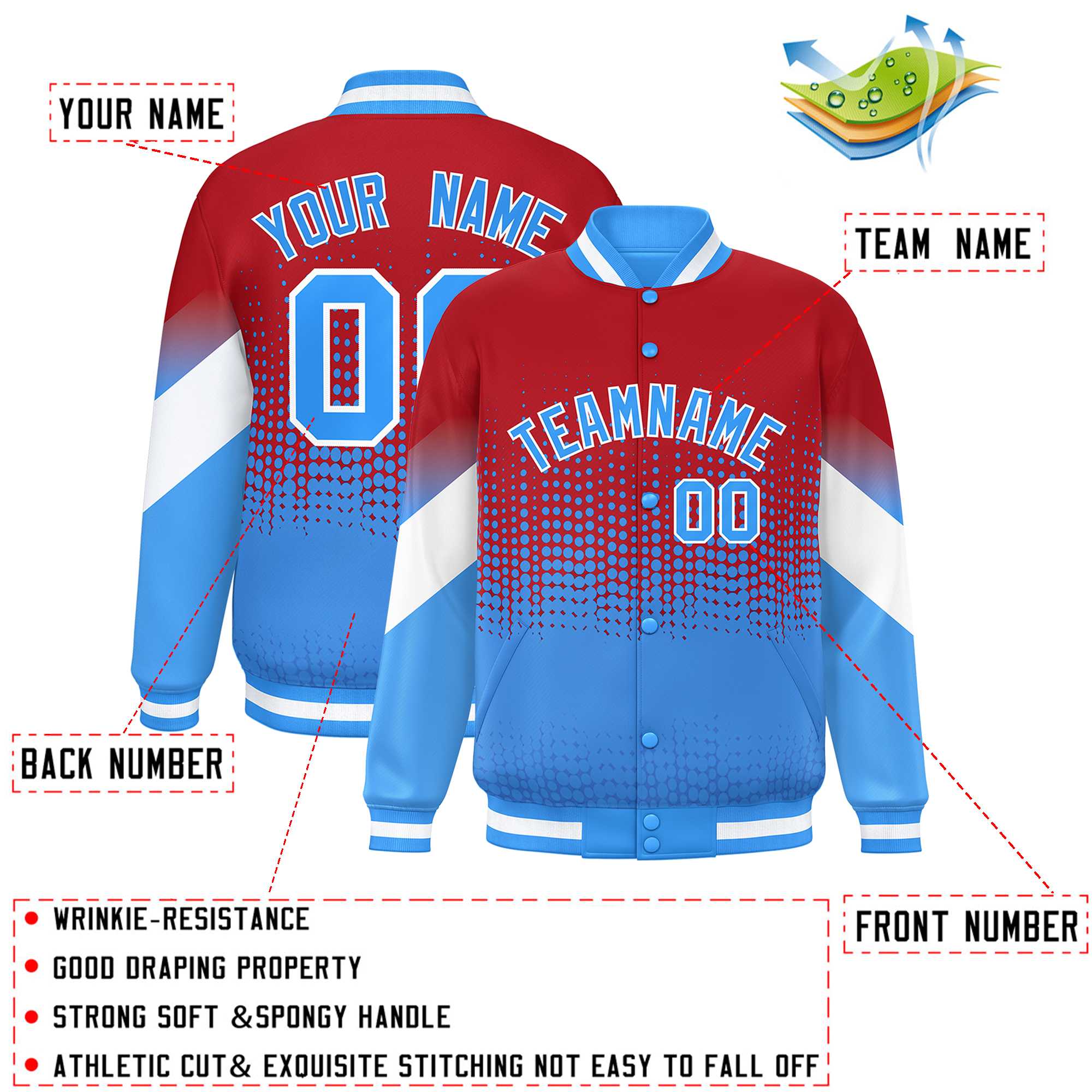 Custom Red Powder Blue Gradient Varsity Full-Snap Polka Dot Pattern Letterman Baseball Jacket