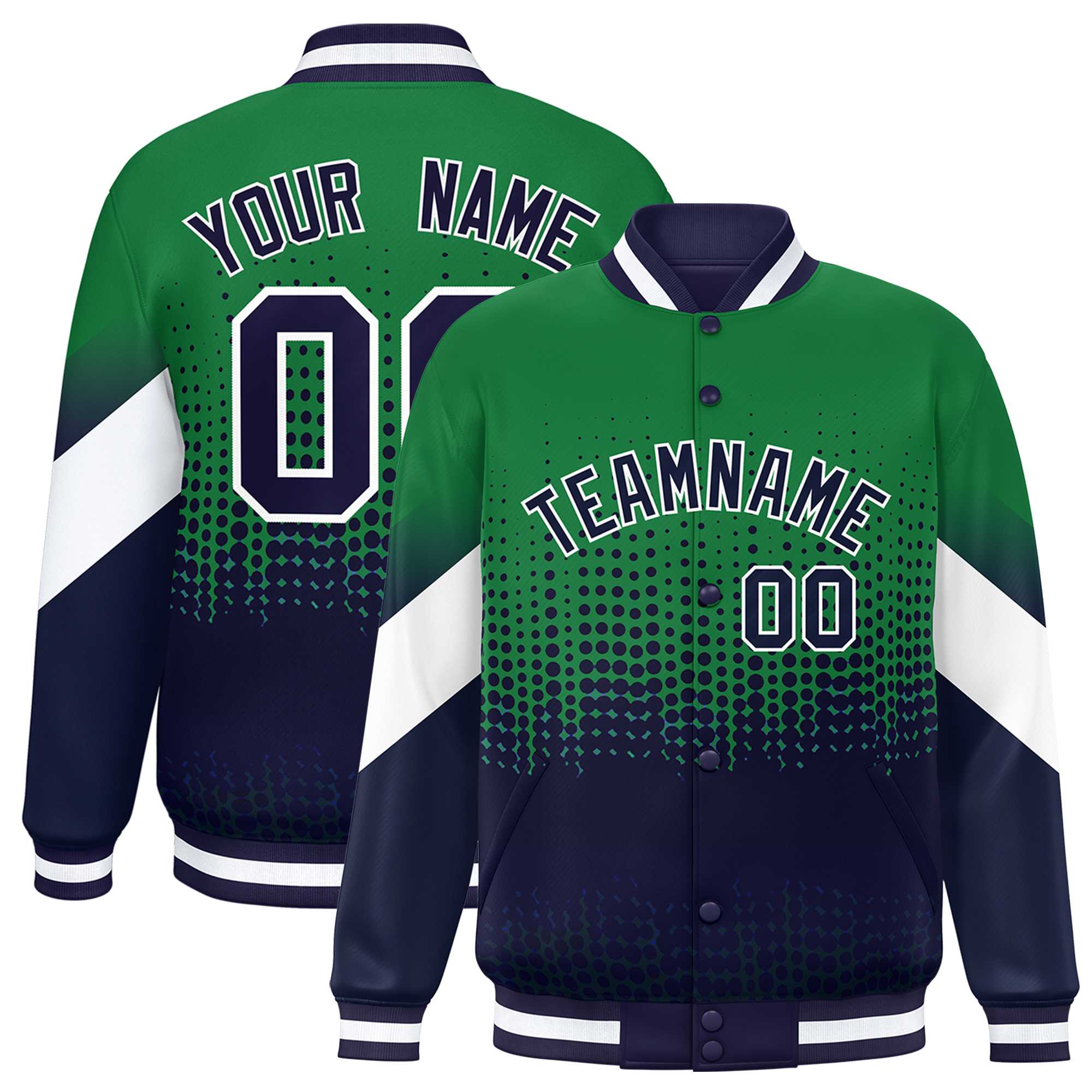 Custom Kelly Green Navy Gradient Varsity Full-Snap Polka Dot Pattern Letterman Baseball Jacket