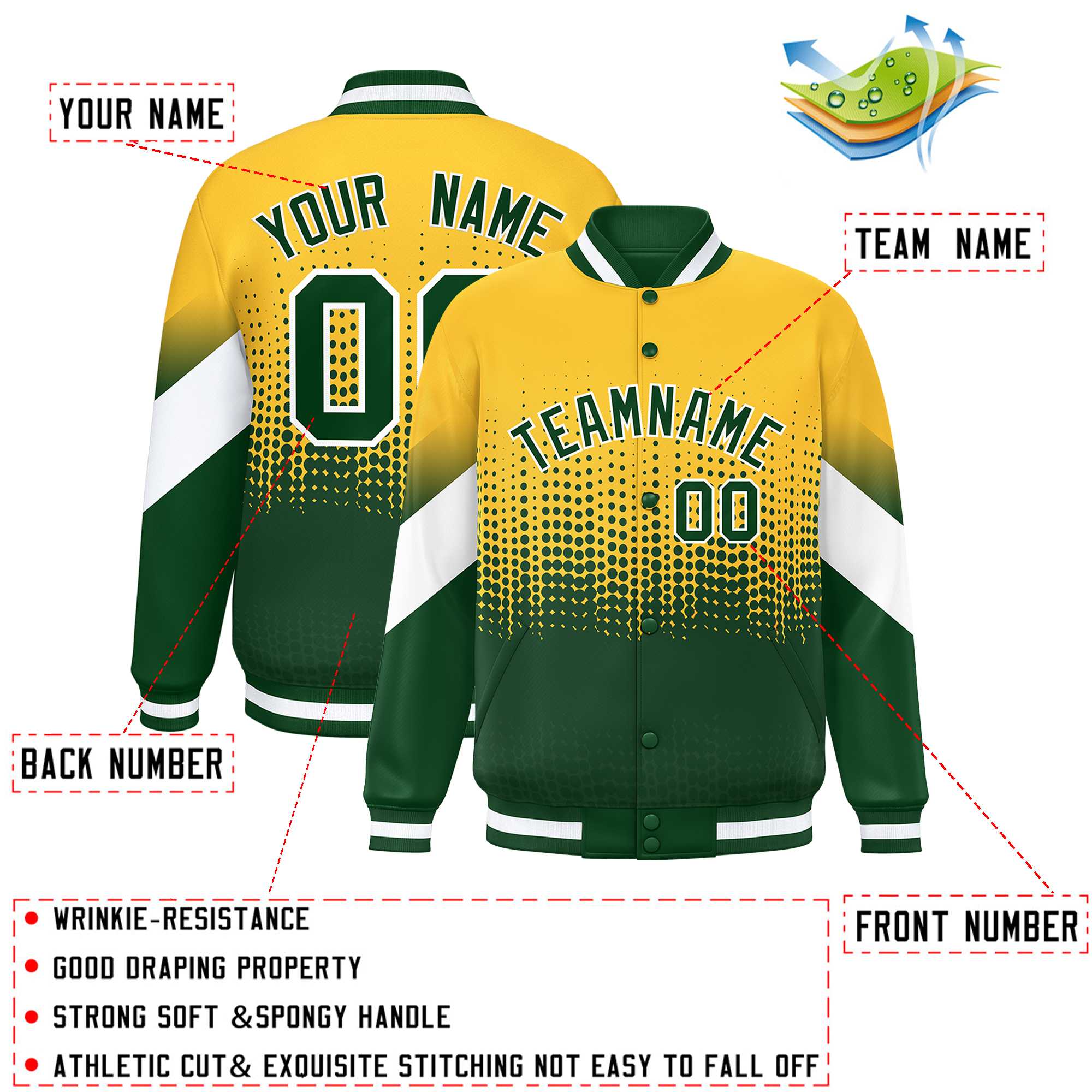 Custom Gold Green Gradient Varsity Full-Snap Polka Dot Pattern Letterman Baseball Jacket