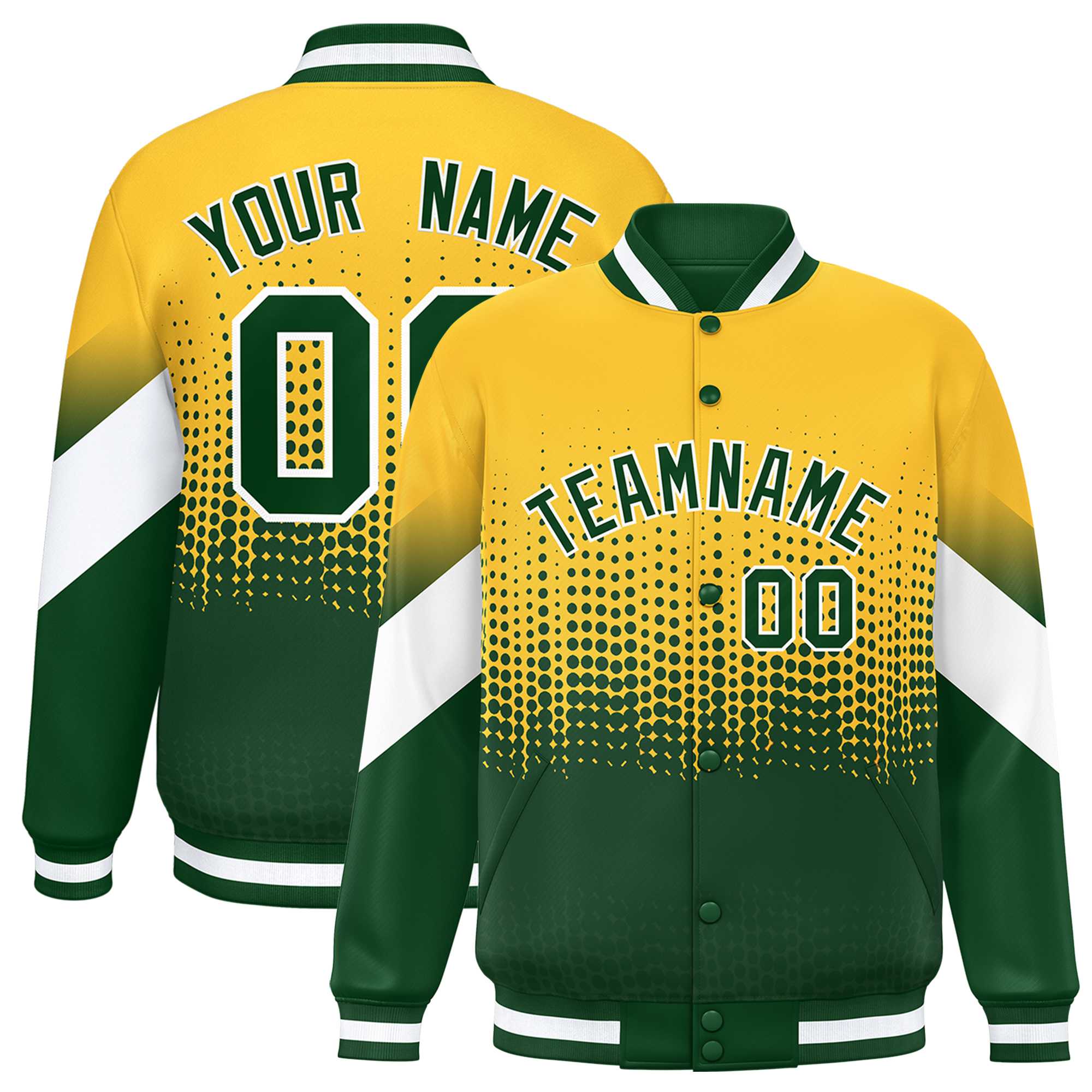 Custom Gold Green Gradient Varsity Full-Snap Polka Dot Pattern Letterman Baseball Jacket