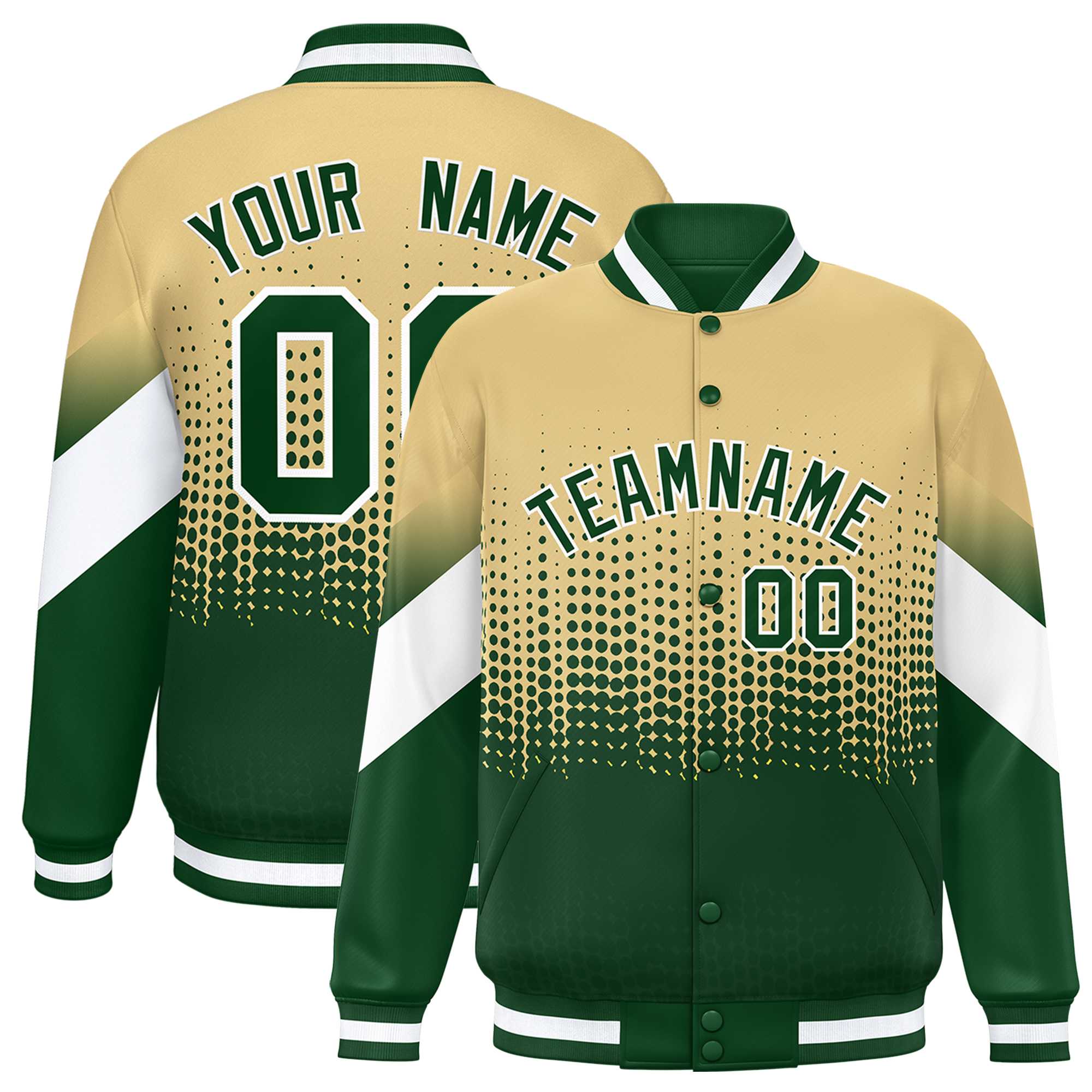 Custom Khaki Green Gradient Varsity Full-Snap Polka Dot Pattern Letterman Baseball Jacket