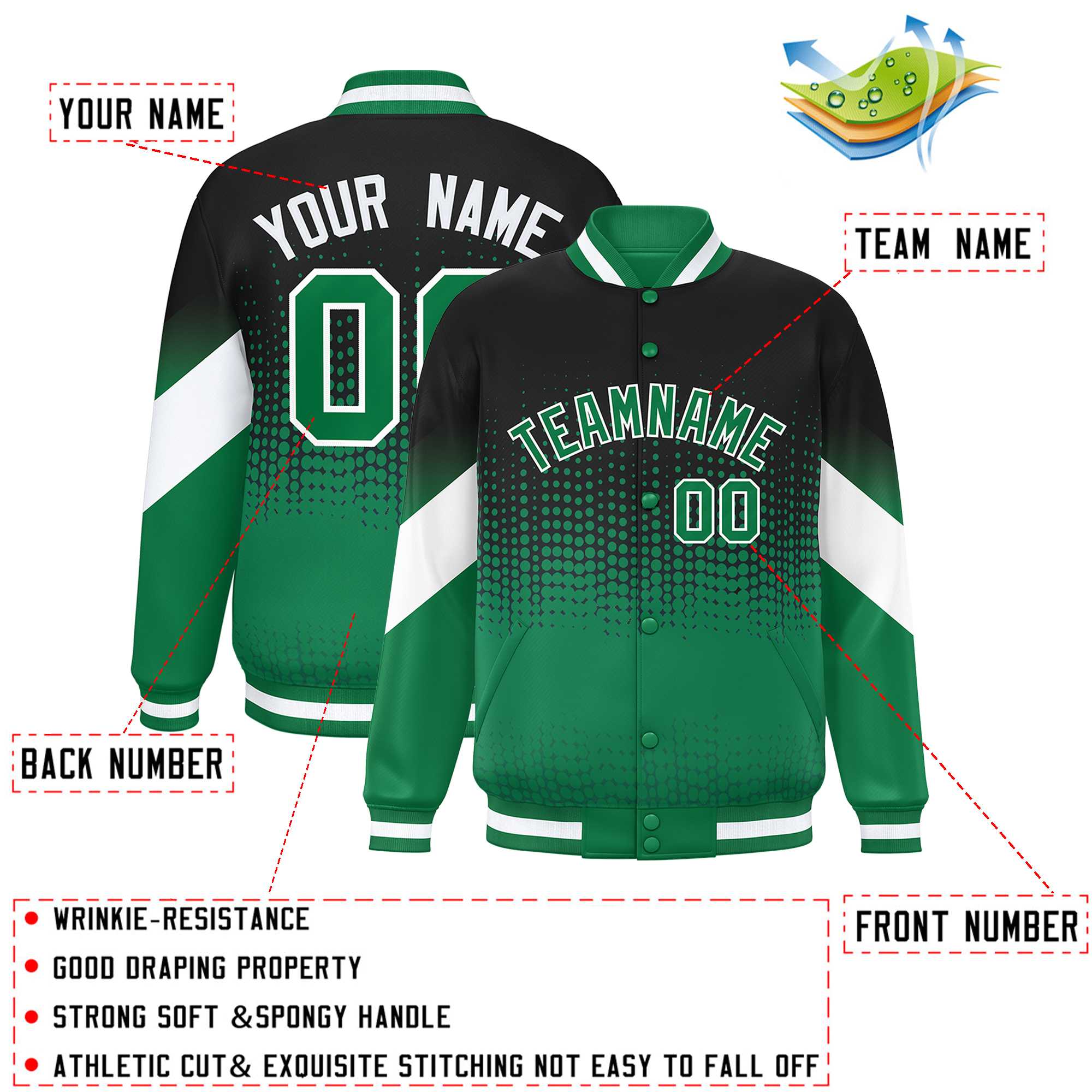 Custom Black Kelly Green Gradient Varsity Full-Snap Polka Dot Pattern Letterman Baseball Jacket