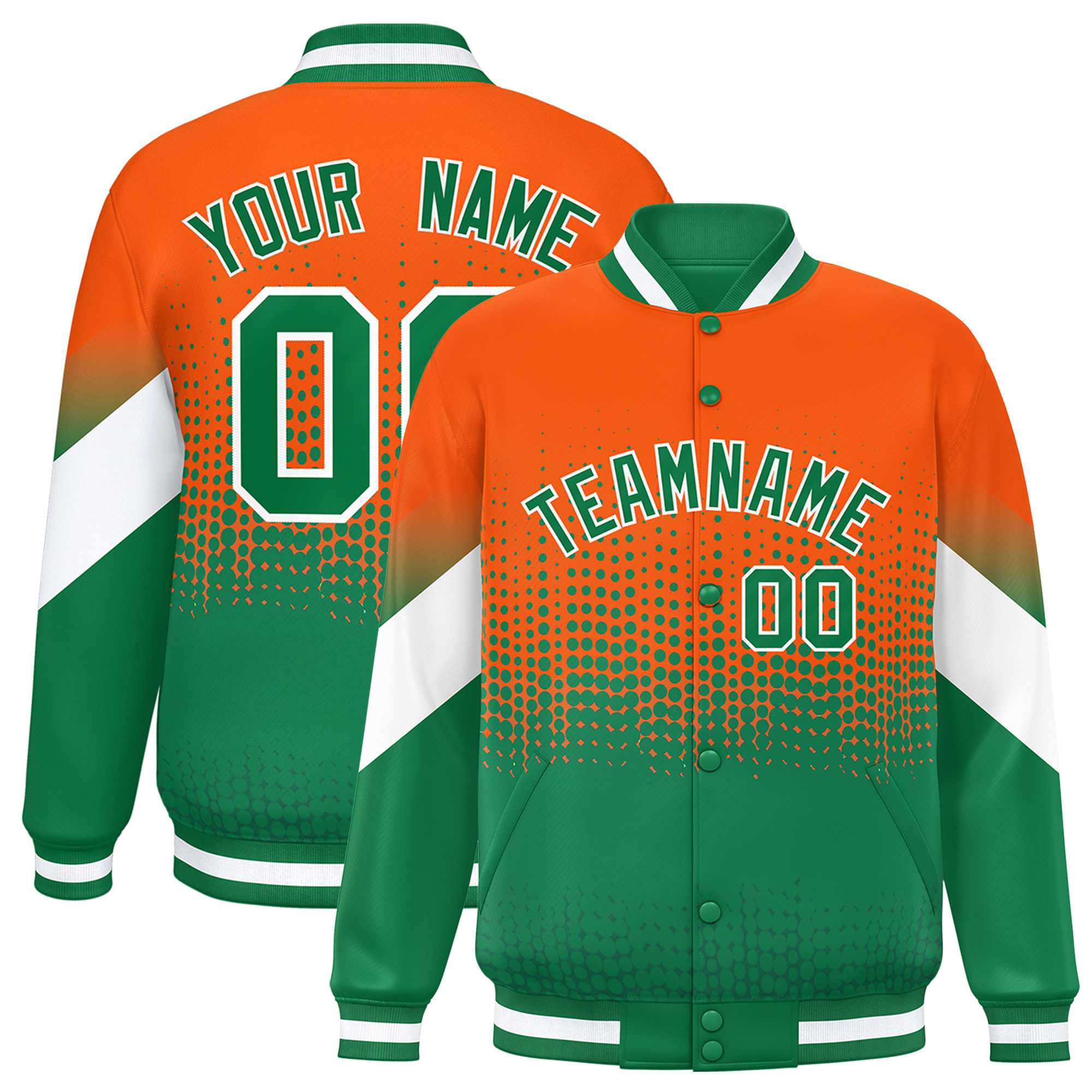 Custom Orange Kelly Green Gradient Varsity Full-Snap Polka Dot Pattern Letterman Baseball Jacket