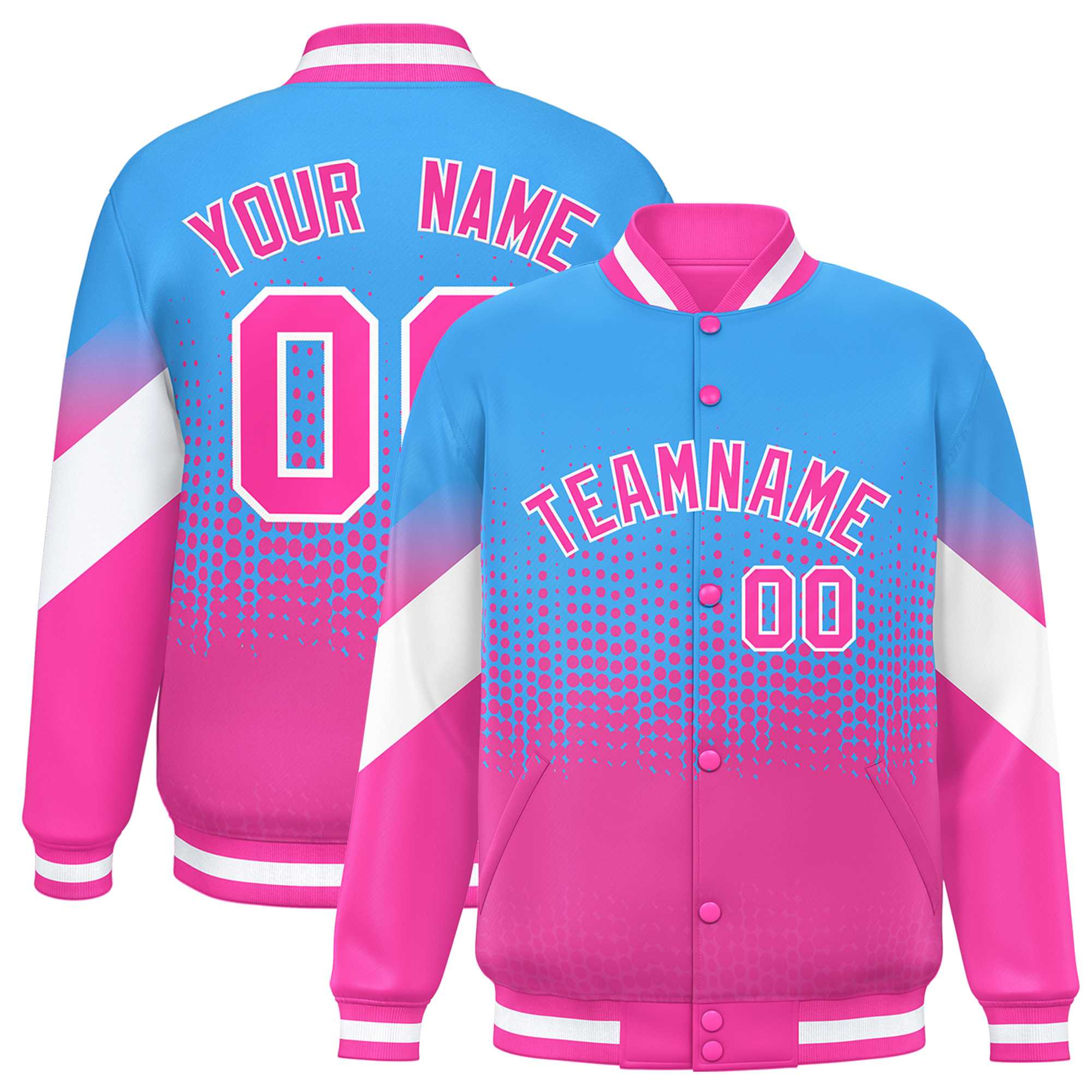 Custom Powder Blue Pink Gradient Varsity Full-Snap Polka Dot Pattern Letterman Baseball Jacket