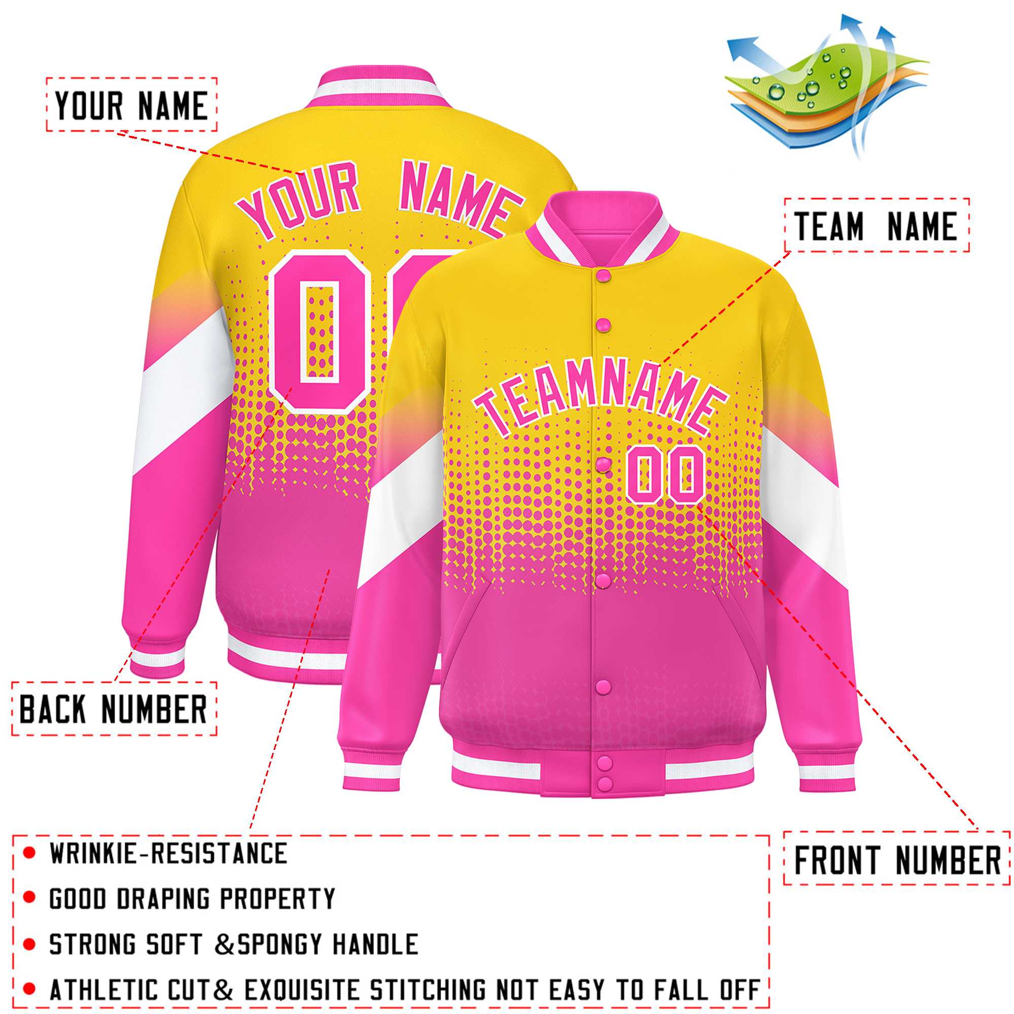 Custom Gold Pink Gradient Varsity Full-Snap Polka Dot Pattern Letterman Baseball Jacket