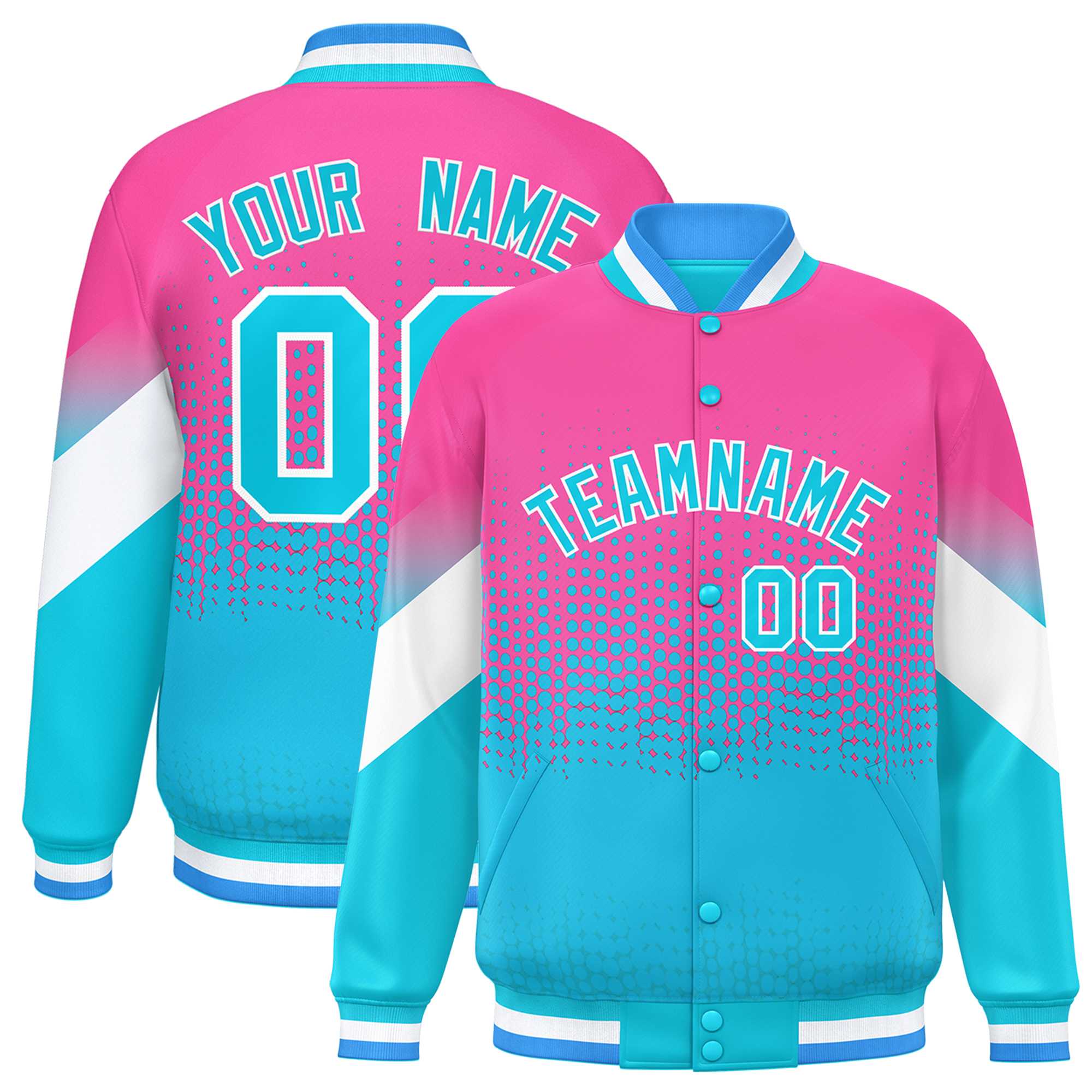 Custom Pink Sky Blue Gradient Varsity Full-Snap Polka Dot Pattern Letterman Baseball Jacket