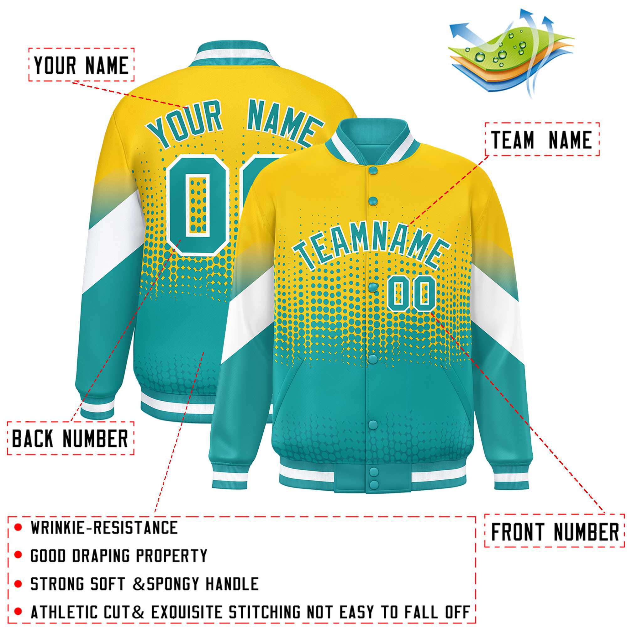 Custom Gold Aqua Gradient Varsity Full-Snap Polka Dot Pattern Letterman Baseball Jacket