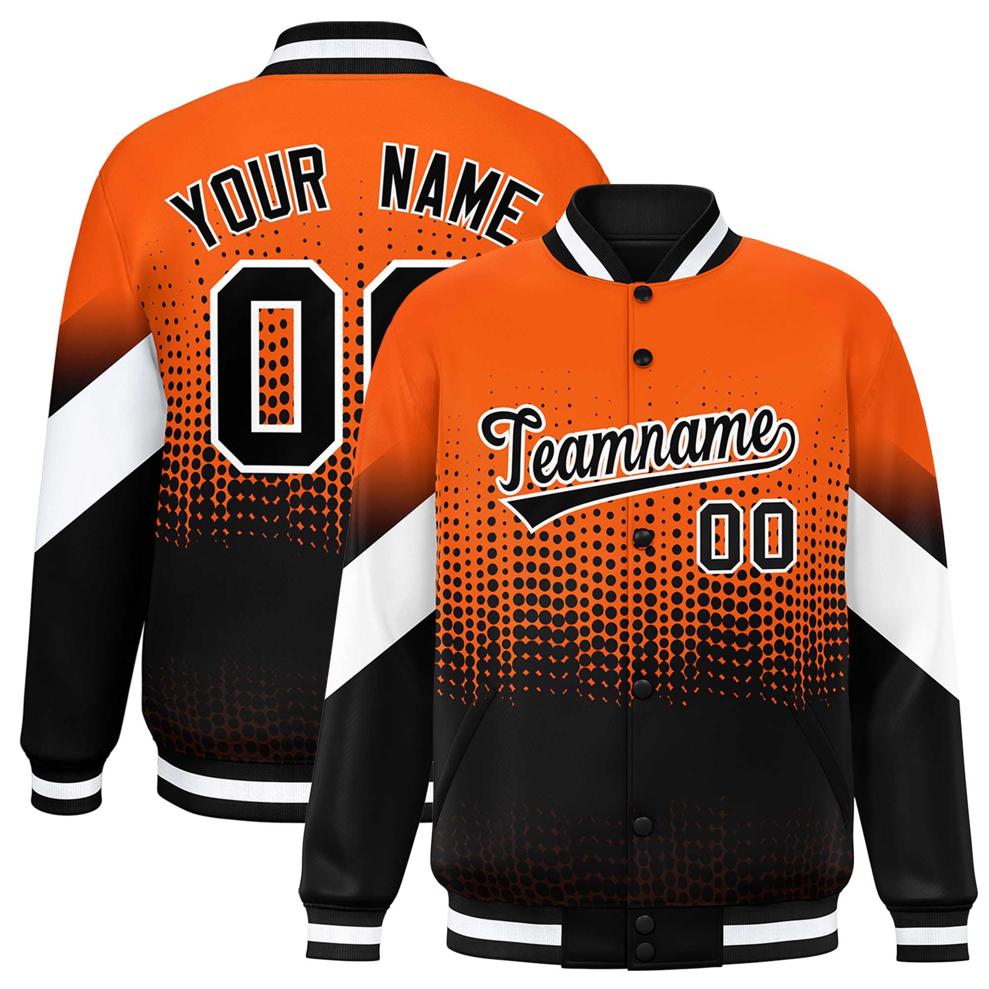 Custom Orange Black Gradient Varsity Full-Snap Polka Dot Pattern Letterman Baseball Jacket