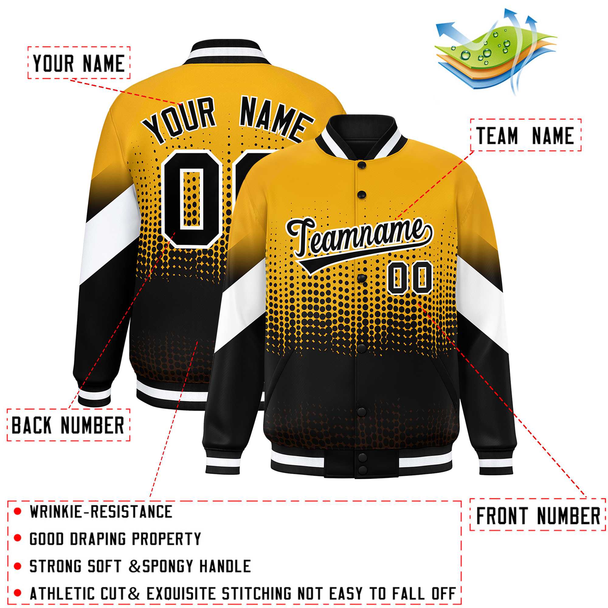 Custom Yellow Black Gradient Varsity Full-Snap Polka Dot Pattern Letterman Baseball Jacket