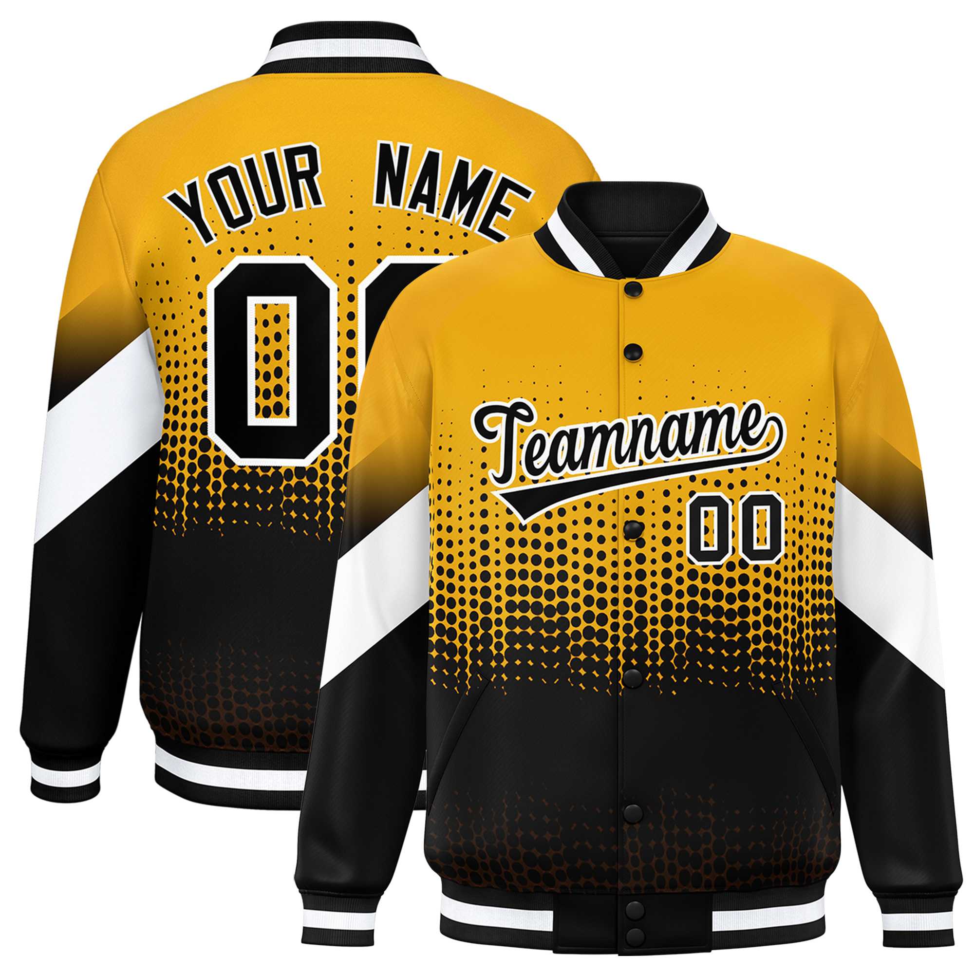 Custom Yellow Black Gradient Varsity Full-Snap Polka Dot Pattern Letterman Baseball Jacket