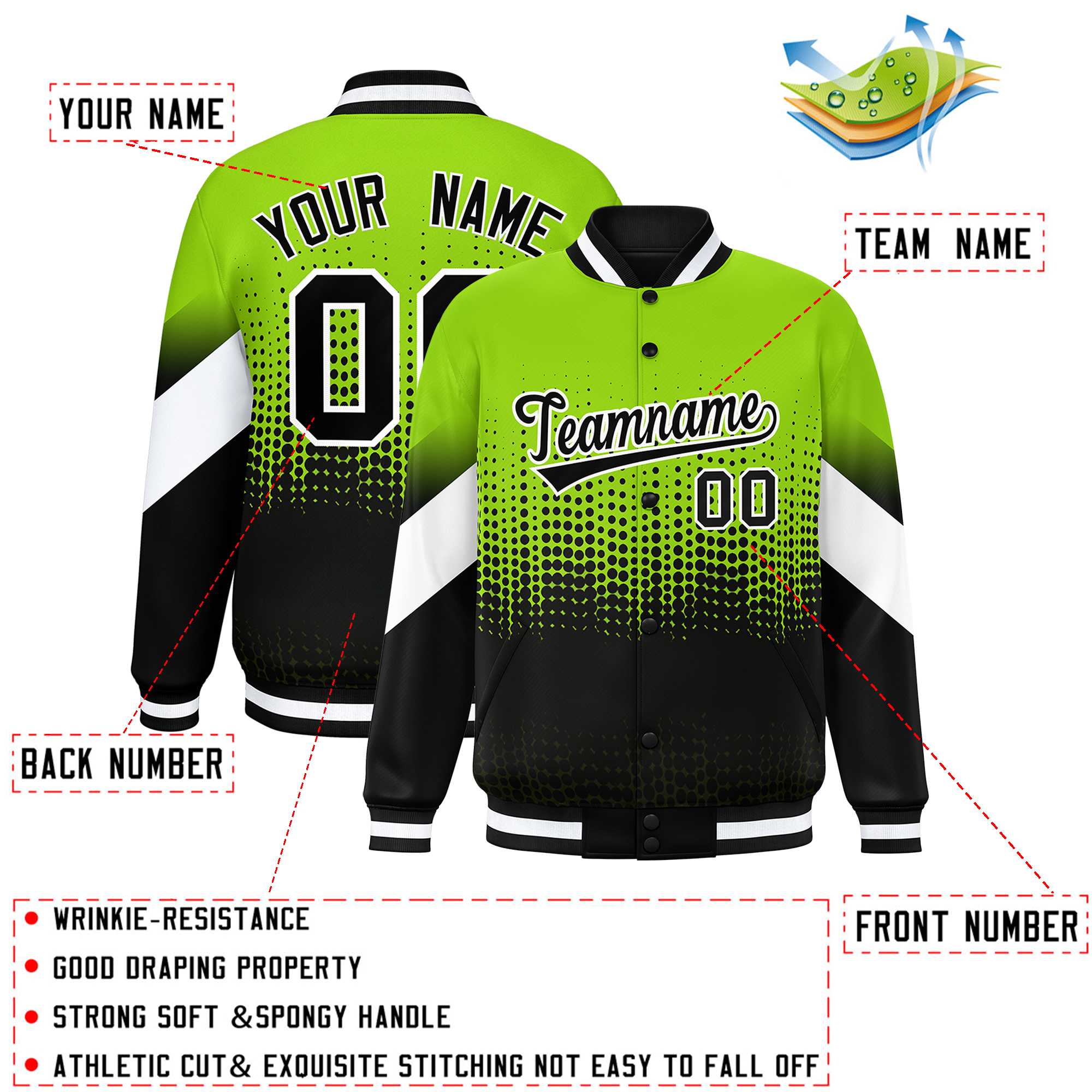 Custom Neon Green Black Gradient Varsity Full-Snap Polka Dot Pattern Letterman Baseball Jacket