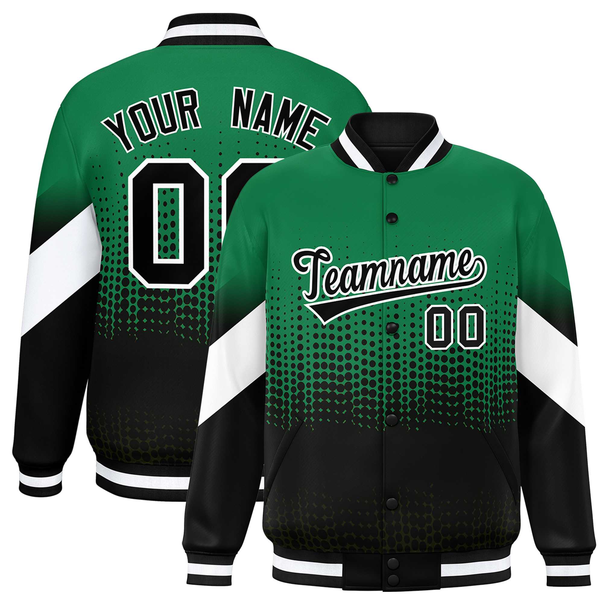 Custom Kelly Green Black Gradient Varsity Full-Snap Polka Dot Pattern Letterman Baseball Jacket