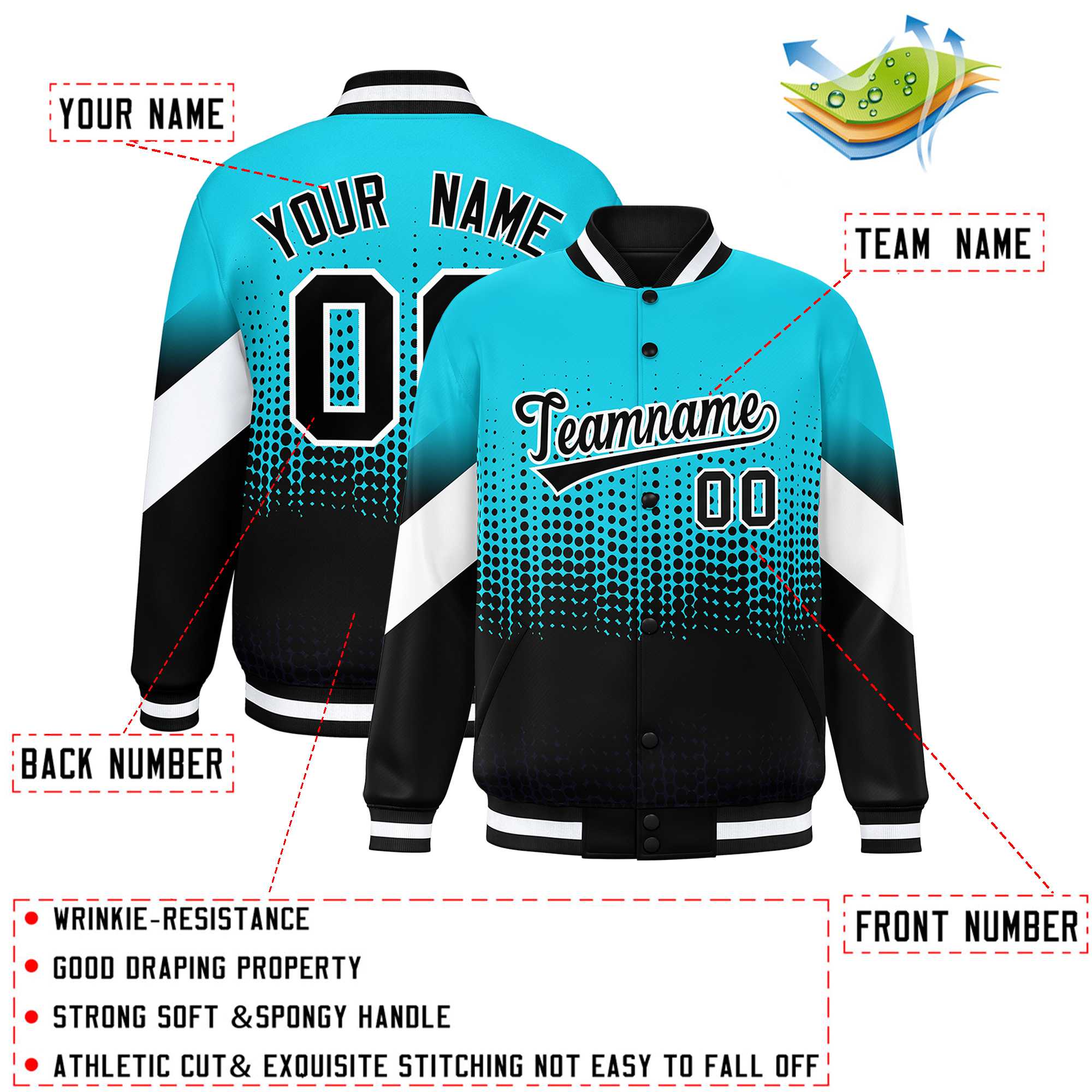 Custom Sky Blue Black Gradient Varsity Full-Snap Polka Dot Pattern Letterman Baseball Jacket