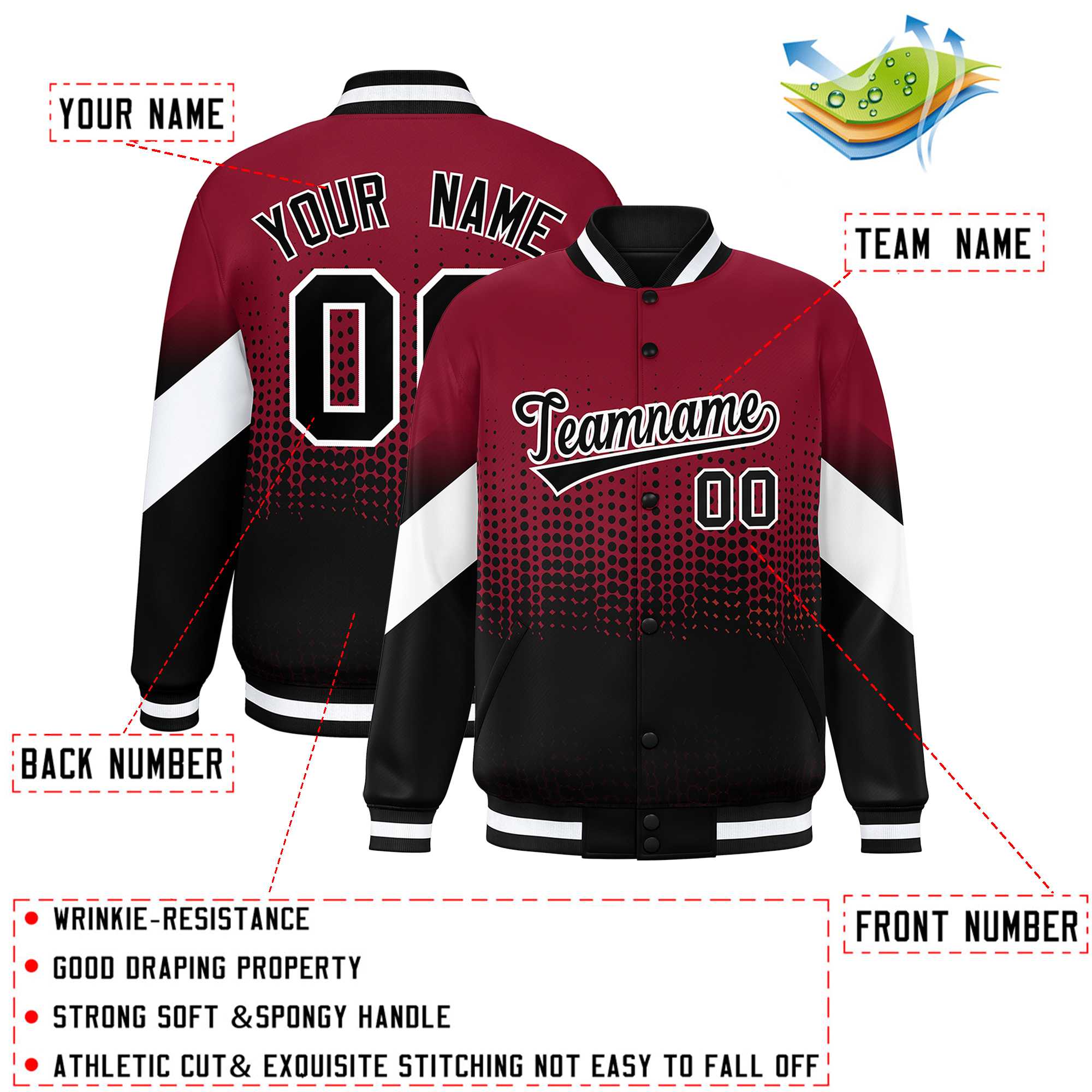 Custom Crimson Black Gradient Varsity Full-Snap Polka Dot Pattern Letterman Baseball Jacket