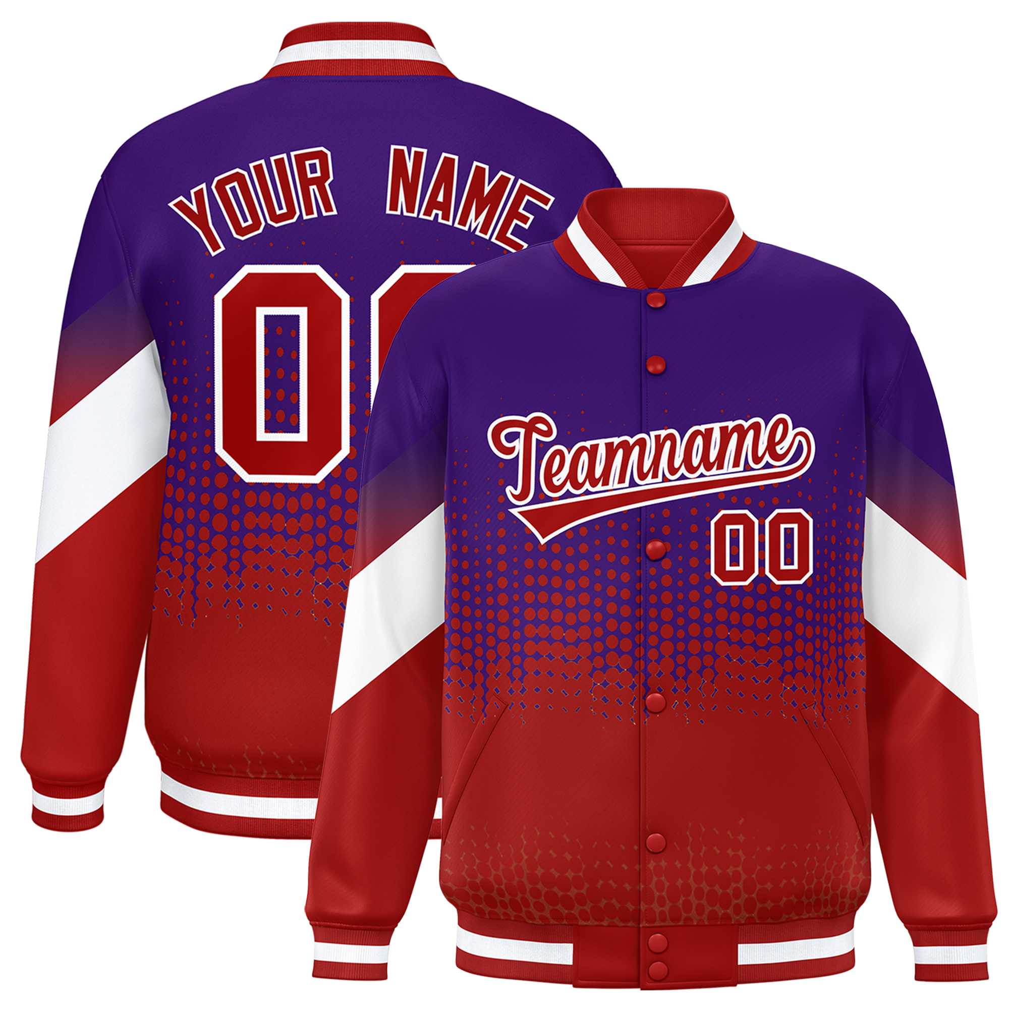 Custom Purple Red Gradient Varsity Full-Snap Polka Dot Pattern Letterman Baseball Jacket