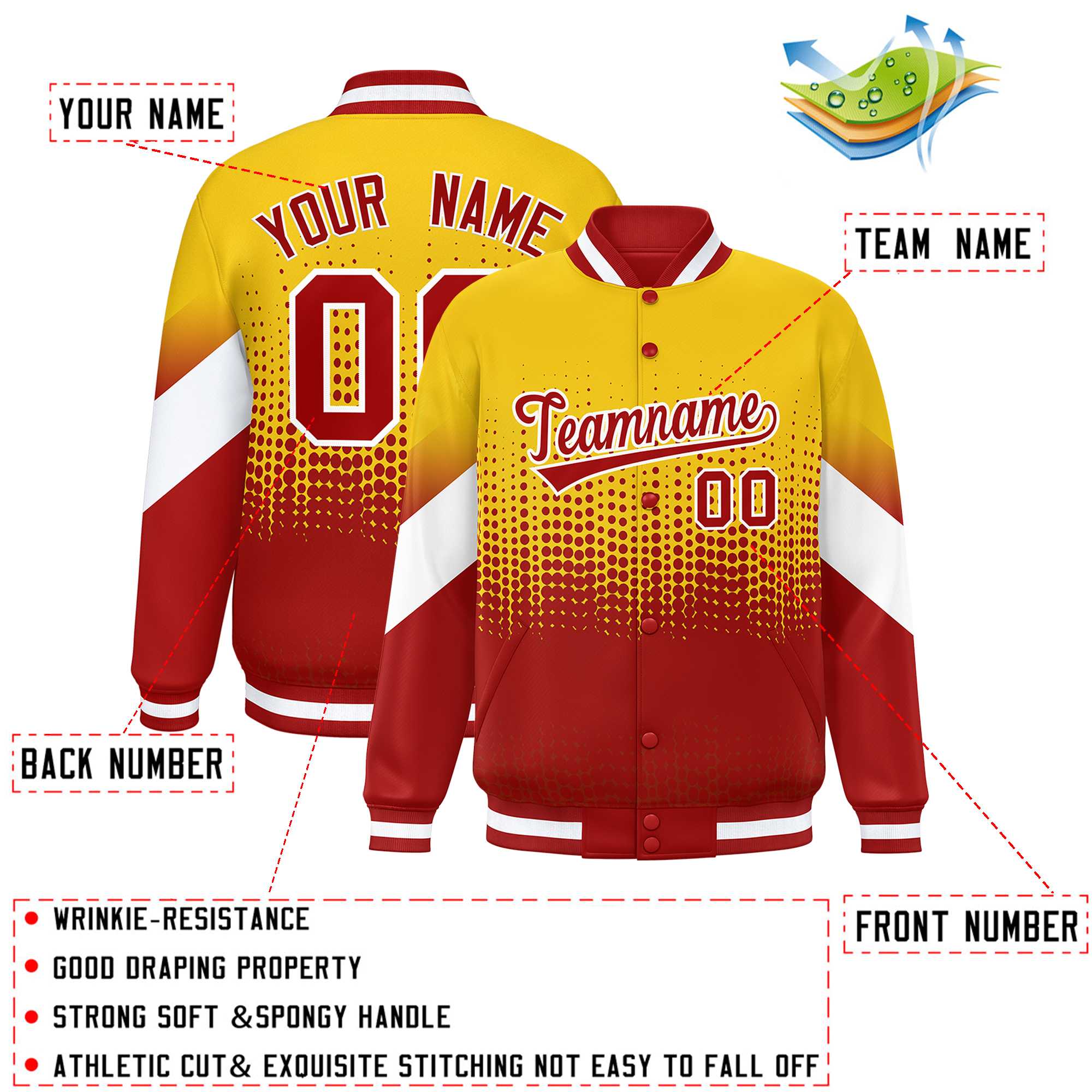 Custom Gold Red Gradient Varsity Full-Snap Polka Dot Pattern Letterman Baseball Jacket