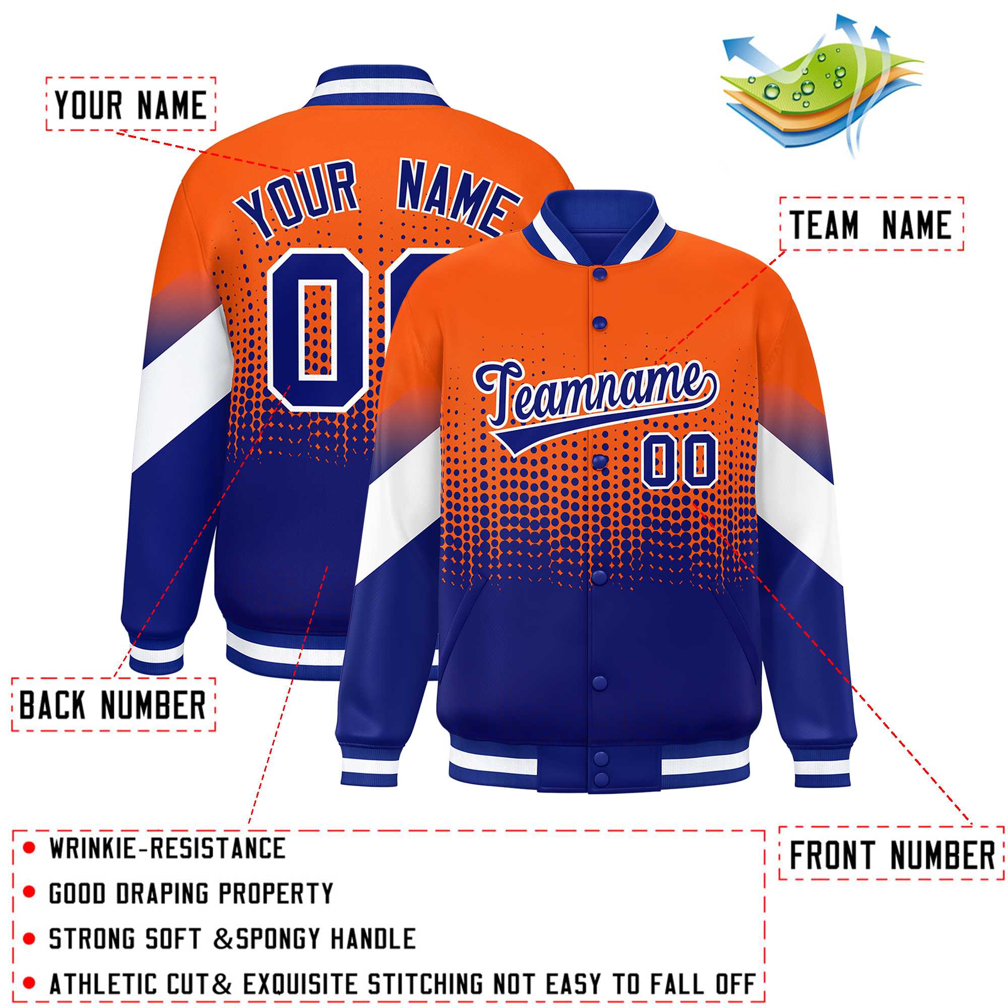 Custom Orange Royal Gradient Varsity Full-Snap Polka Dot Pattern Letterman Baseball Jacket