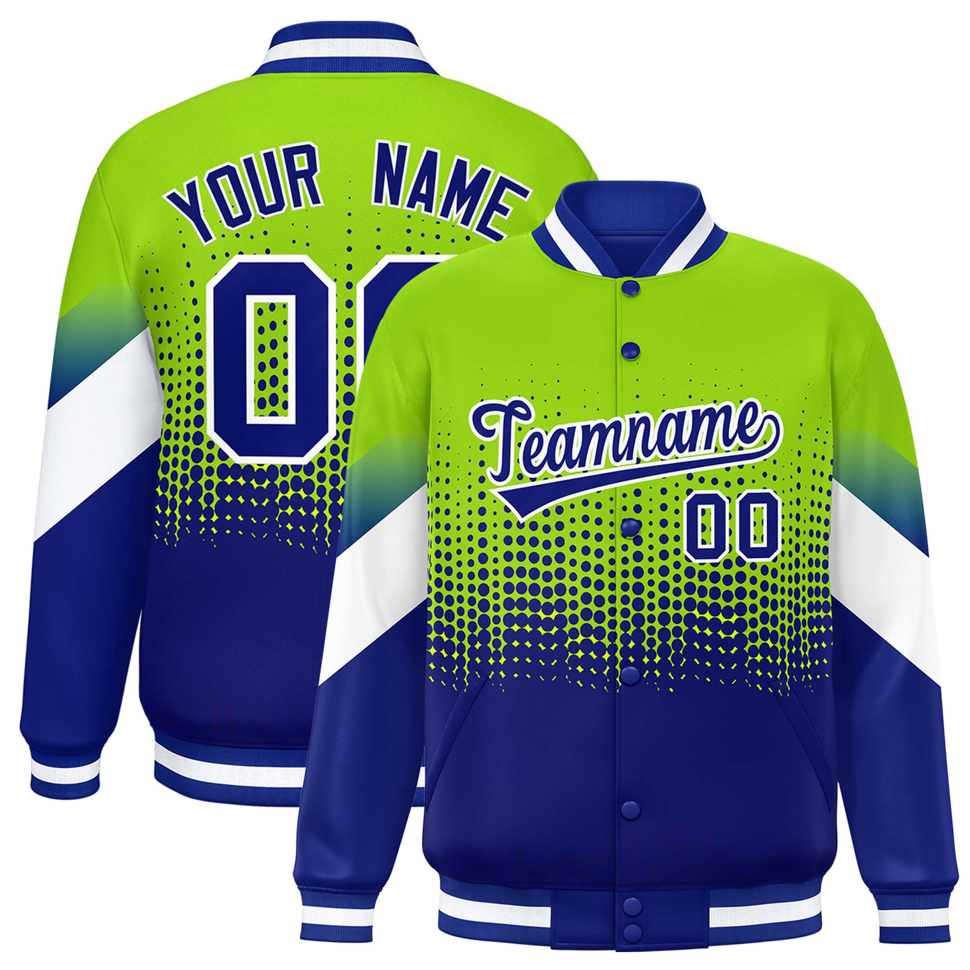 Custom Neon Green Royal Gradient Varsity Full-Snap Polka Dot Pattern Letterman Baseball Jacket