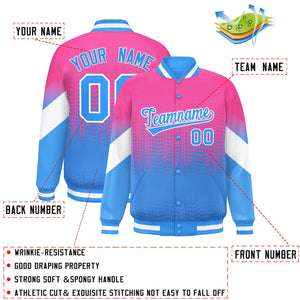 Custom Pink Powder Blue Gradient Varsity Full-Snap Polka Dot Pattern Letterman Baseball Jacket