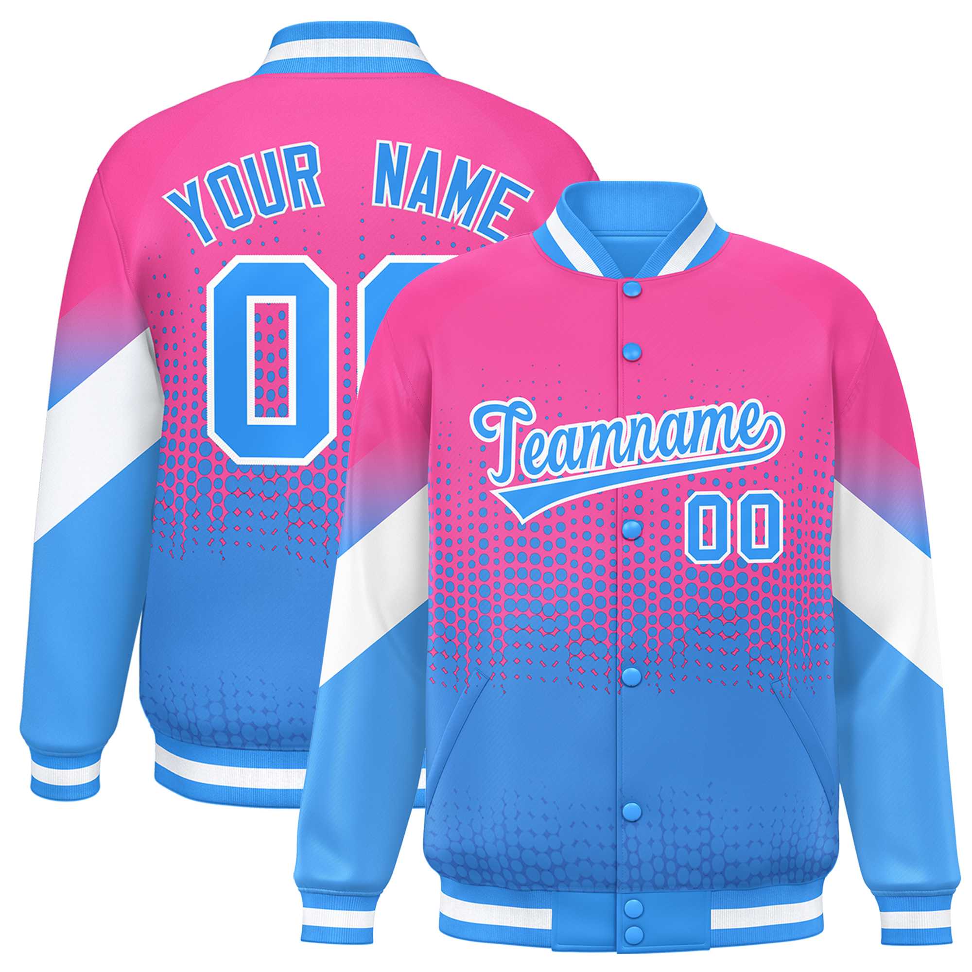 Custom Pink Powder Blue Gradient Varsity Full-Snap Polka Dot Pattern Letterman Baseball Jacket