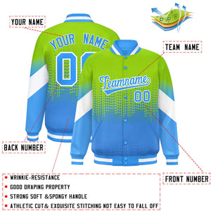 Custom Neon Green Powder Blue Gradient Varsity Full-Snap Polka Dot Pattern Letterman Baseball Jacket