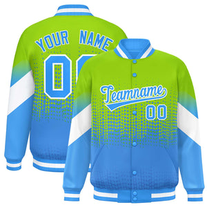 Custom Neon Green Powder Blue Gradient Varsity Full-Snap Polka Dot Pattern Letterman Baseball Jacket