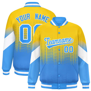 Custom Gold Powder Blue Gradient Varsity Full-Snap Polka Dot Pattern Letterman Baseball Jacket