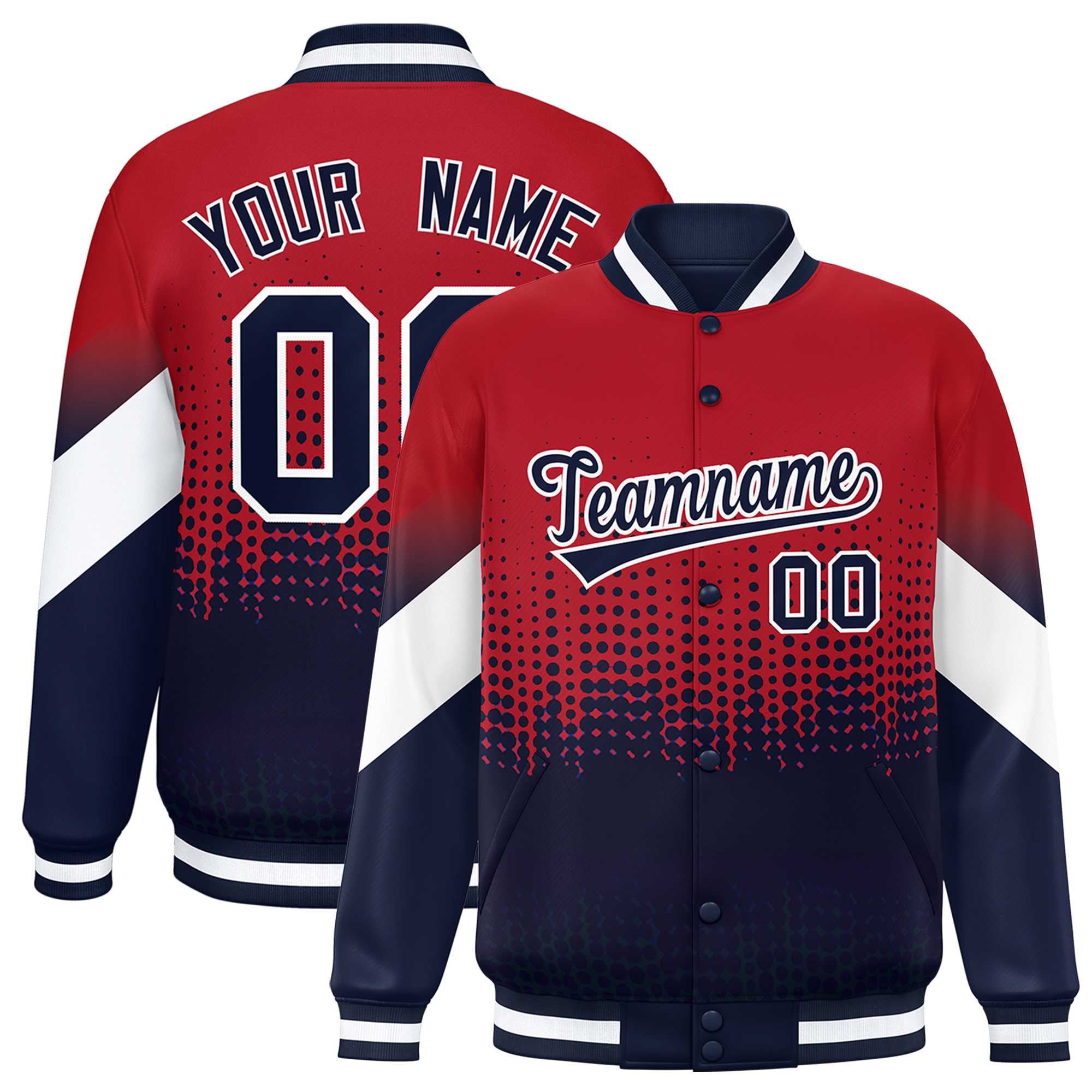 Custom Red Navy Gradient Varsity Full-Snap Polka Dot Pattern Letterman Baseball Jacket