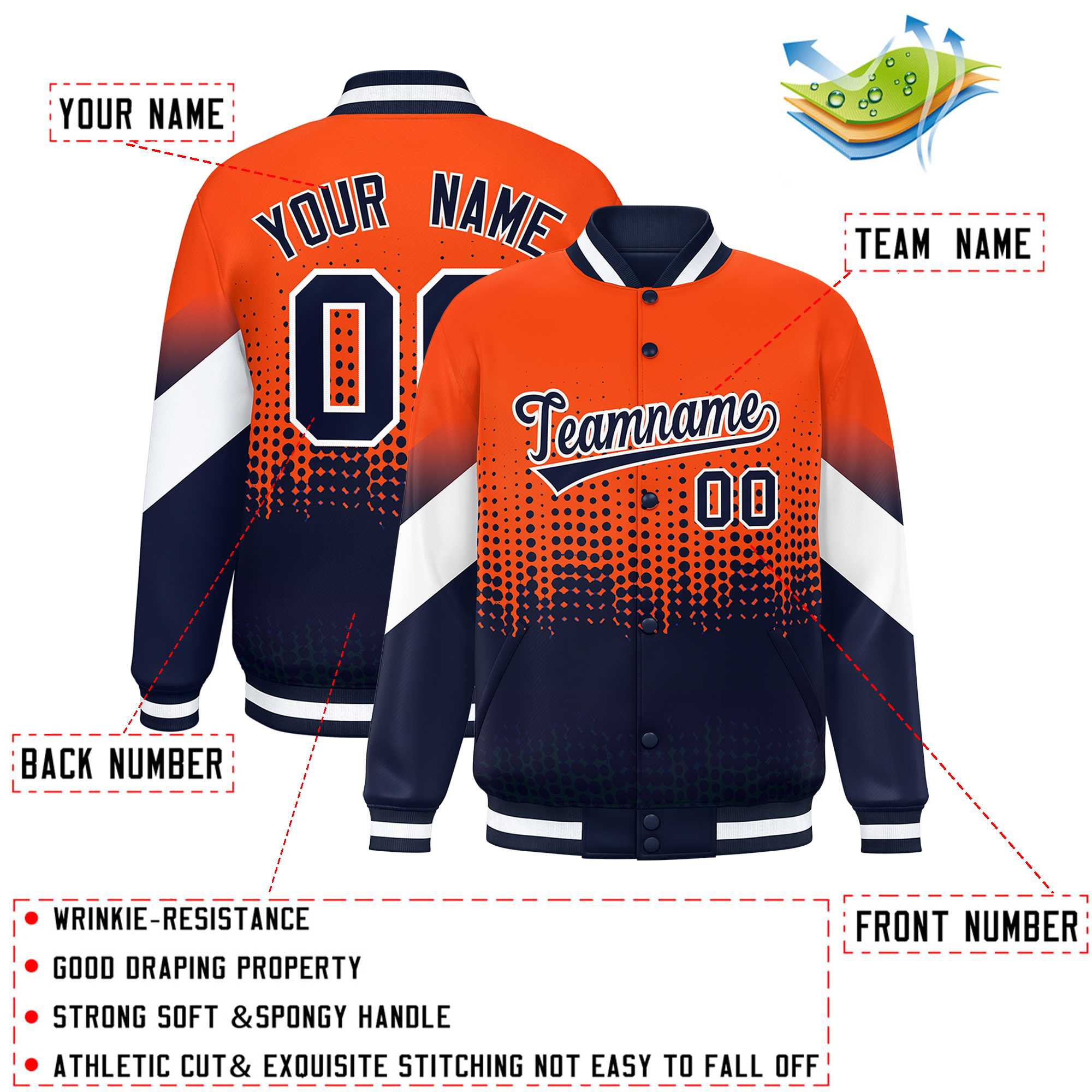 Custom Orange Navy Gradient Varsity Full-Snap Polka Dot Pattern Letterman Baseball Jacket