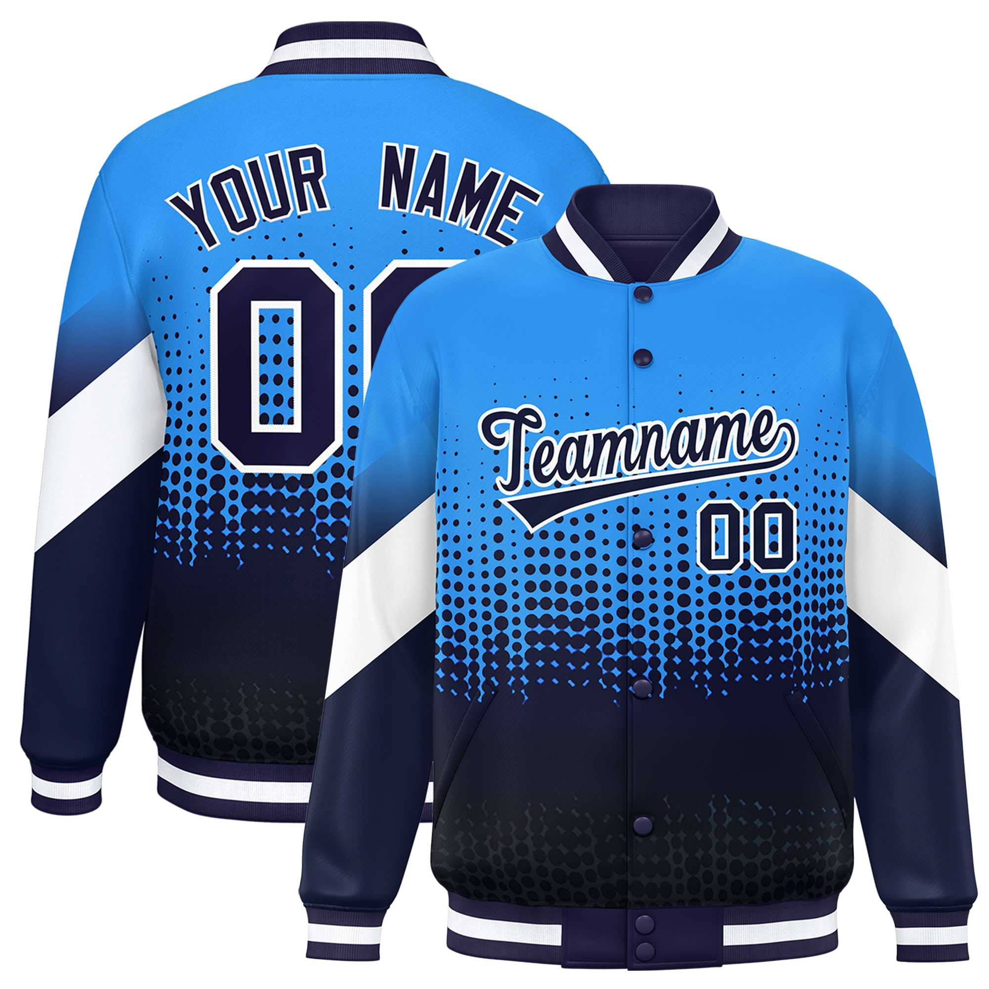 Custom Powder Blue Navy Gradient Varsity Full-Snap Polka Dot Pattern Letterman Baseball Jacket