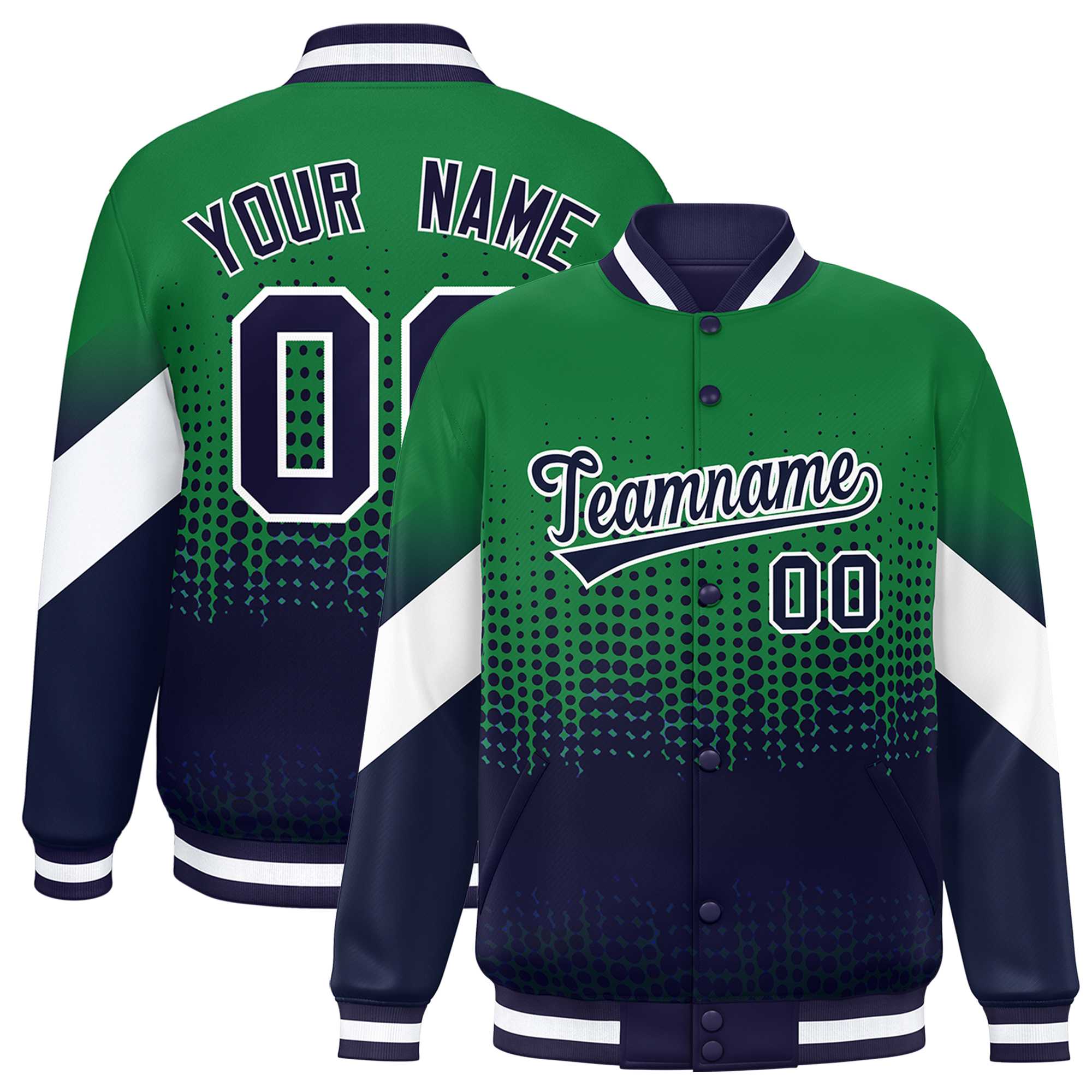 Custom Kelly Green Navy Gradient Varsity Full-Snap Polka Dot Pattern Letterman Baseball Jacket