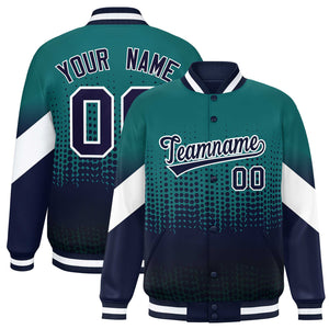 Custom Aqua Navy Gradient Varsity Full-Snap Polka Dot Pattern Letterman Baseball Jacket