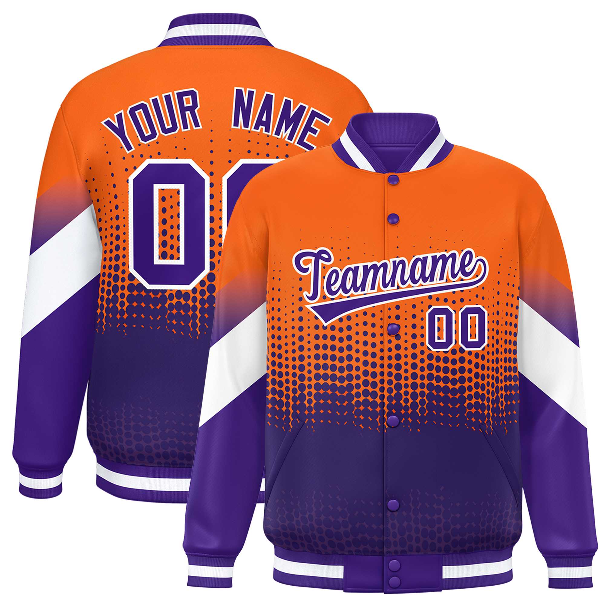 Custom Orange Purple Gradient Varsity Full-Snap Polka Dot Pattern Letterman Baseball Jacket