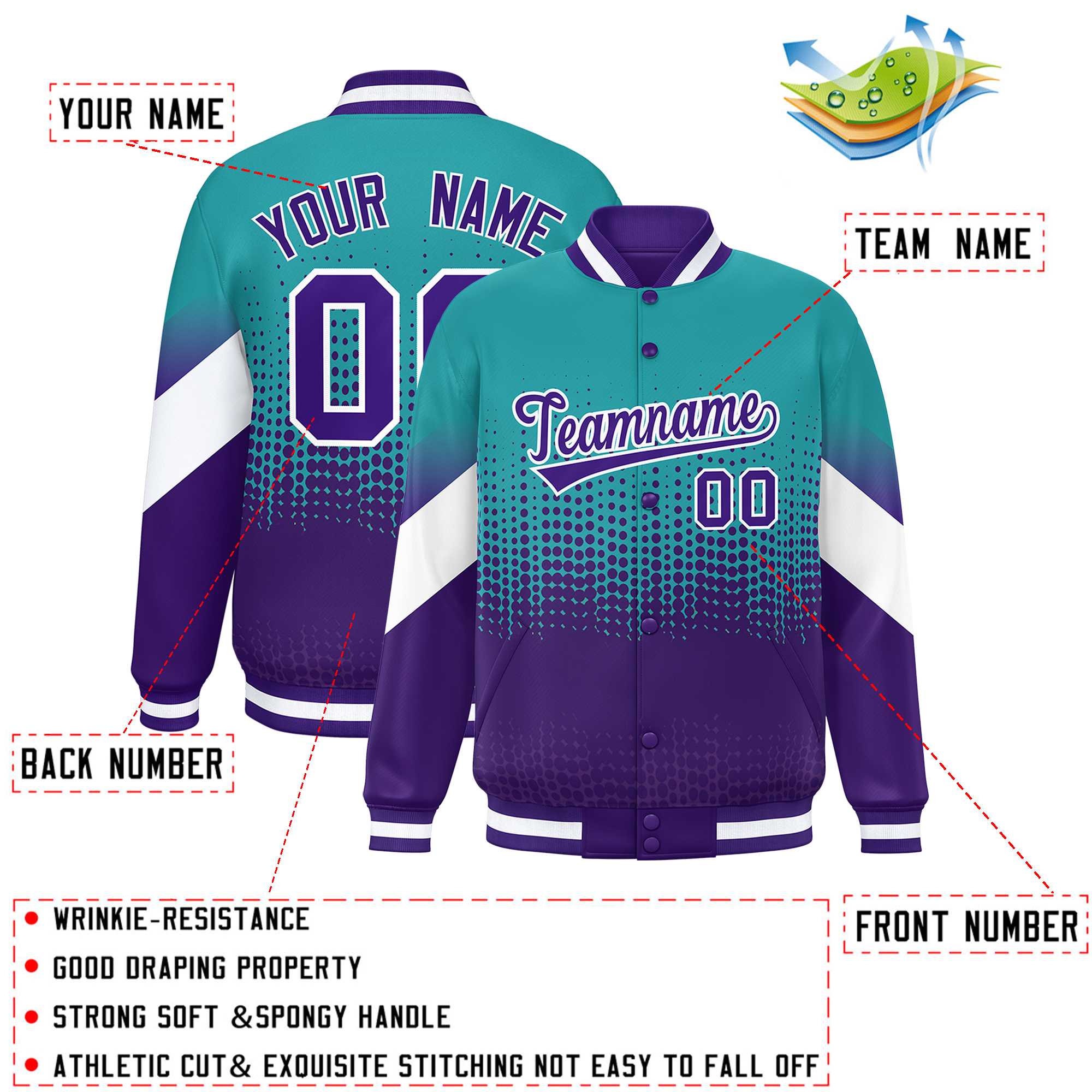 Custom Aqua Purple Gradient Varsity Full-Snap Polka Dot Pattern Letterman Baseball Jacket