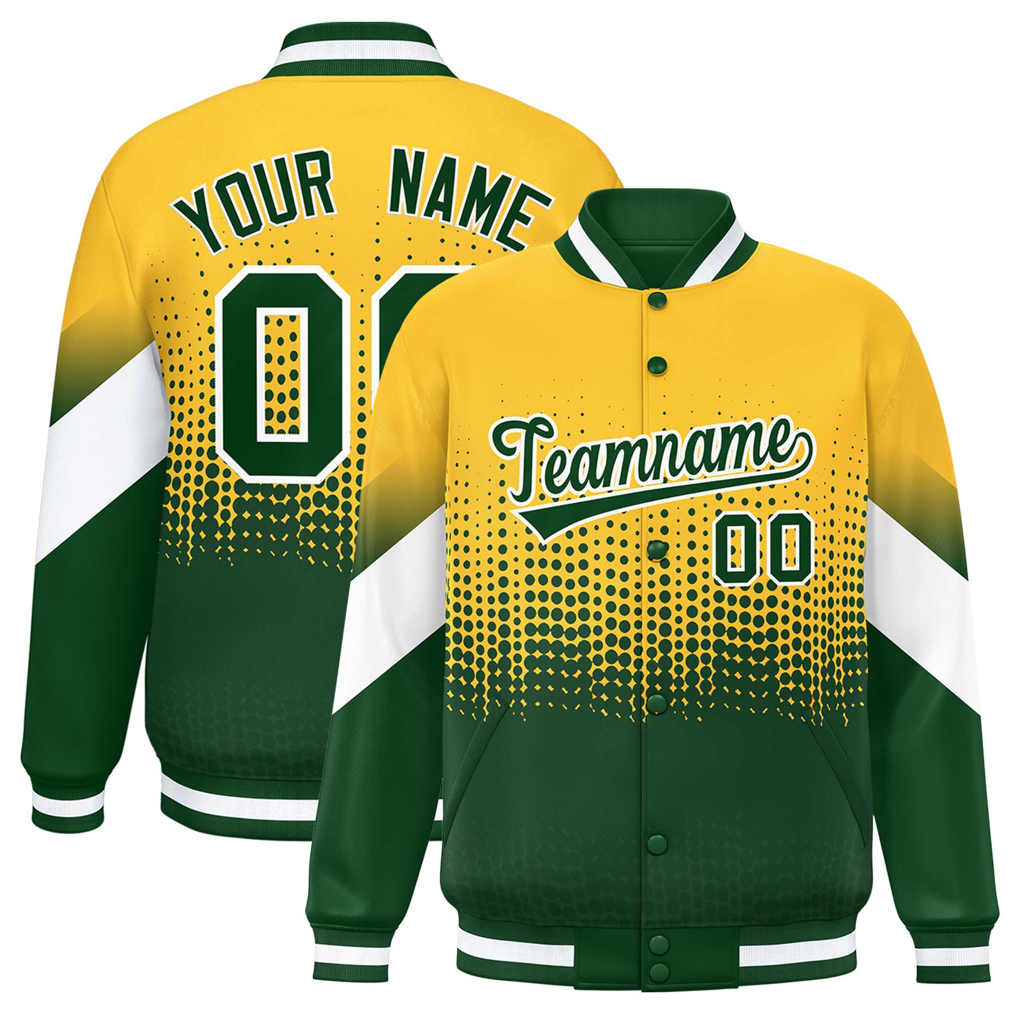 Custom Gold Green Gradient Varsity Full-Snap Polka Dot Pattern Letterman Baseball Jacket