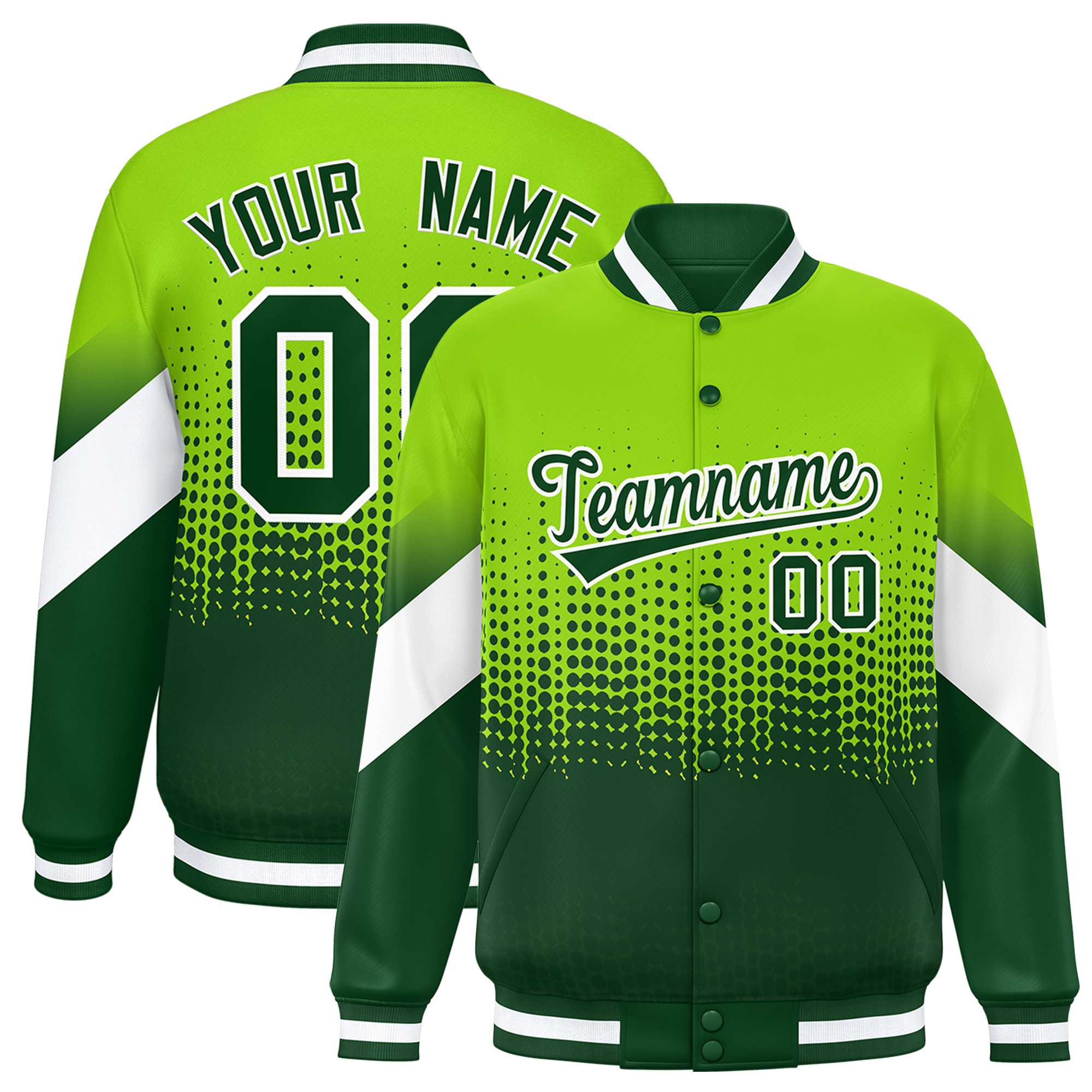 Custom Neon Green Green Gradient Varsity Full-Snap Polka Dot Pattern Letterman Baseball Jacket