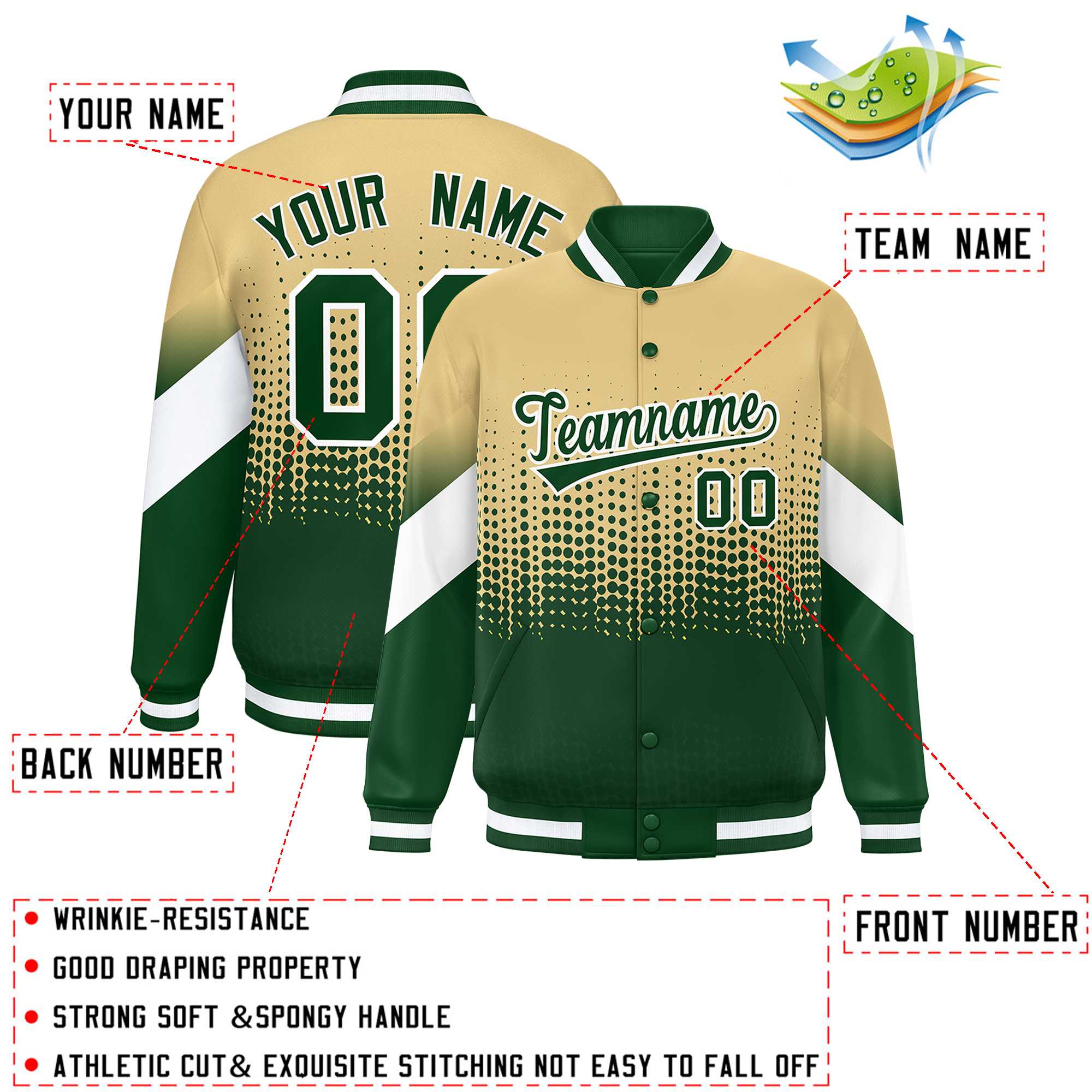 Custom Khaki Green Gradient Varsity Full-Snap Polka Dot Pattern Letterman Baseball Jacket