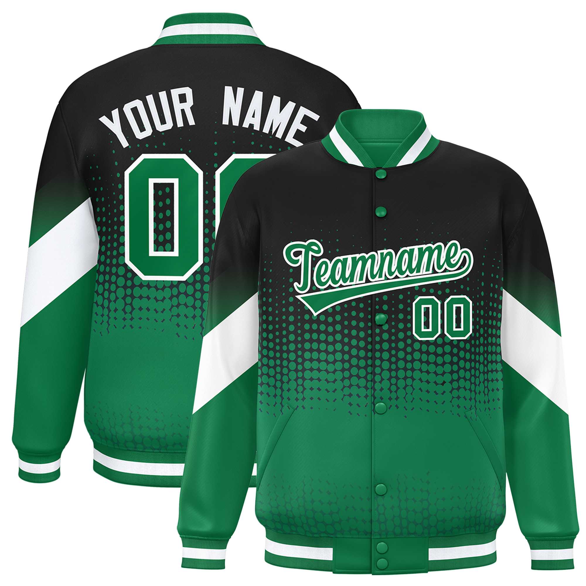 Custom Black Kelly Green Gradient Varsity Full-Snap Polka Dot Pattern Letterman Baseball Jacket