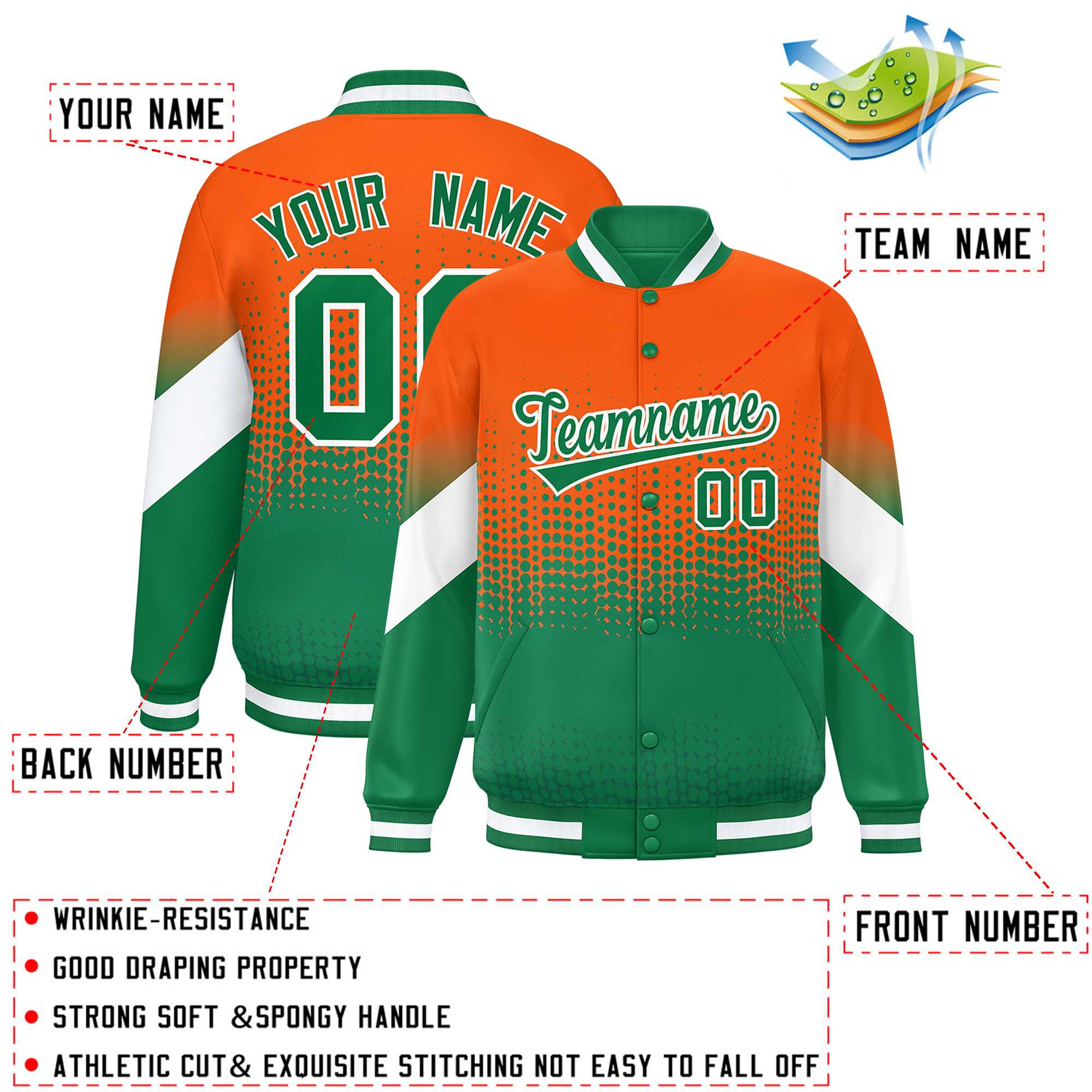 Custom Orange Kelly Green Gradient Varsity Full-Snap Polka Dot Pattern Letterman Baseball Jacket