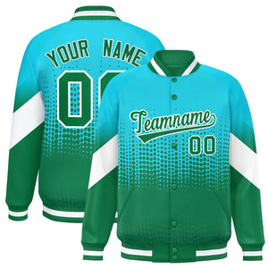 Custom Sky Blue Kelly Green Gradient Varsity Full-Snap Polka Dot Pattern Letterman Baseball Jacket