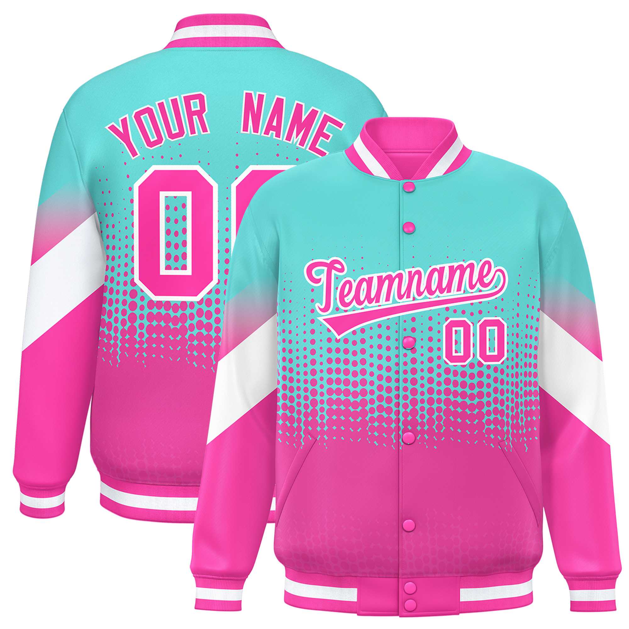 Custom Bright Green Pink Gradient Varsity Full-Snap Polka Dot Pattern Letterman Baseball Jacket