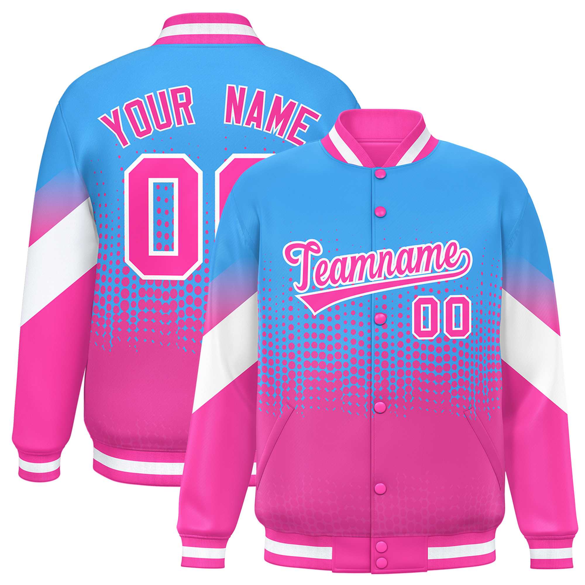 Custom Powder Blue Pink Gradient Varsity Full-Snap Polka Dot Pattern Letterman Baseball Jacket