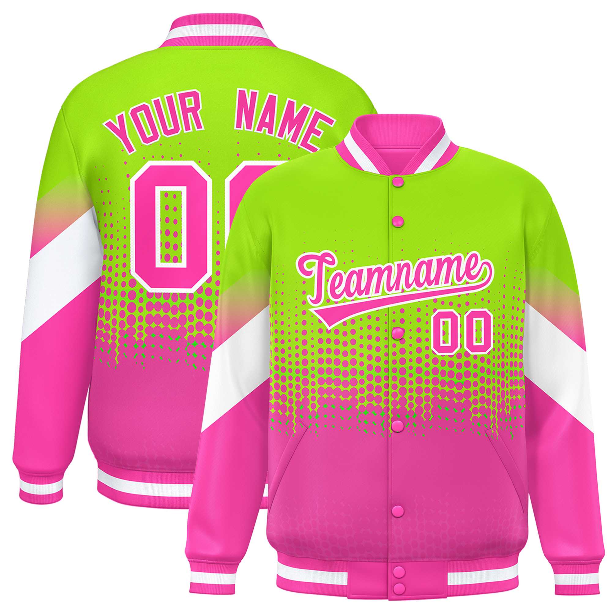 Custom Neon Green Pink Gradient Varsity Full-Snap Polka Dot Pattern Letterman Baseball Jacket