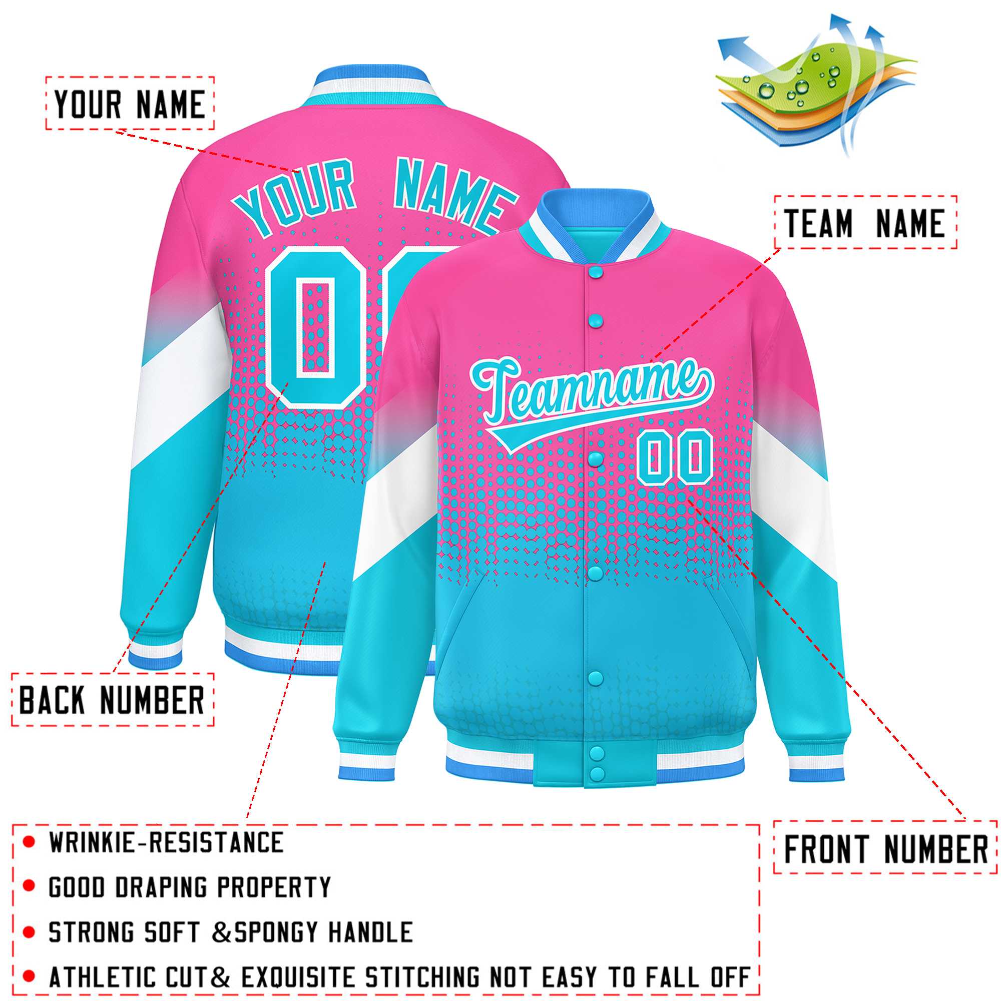 Custom Pink Sky Blue Gradient Varsity Full-Snap Polka Dot Pattern Letterman Baseball Jacket